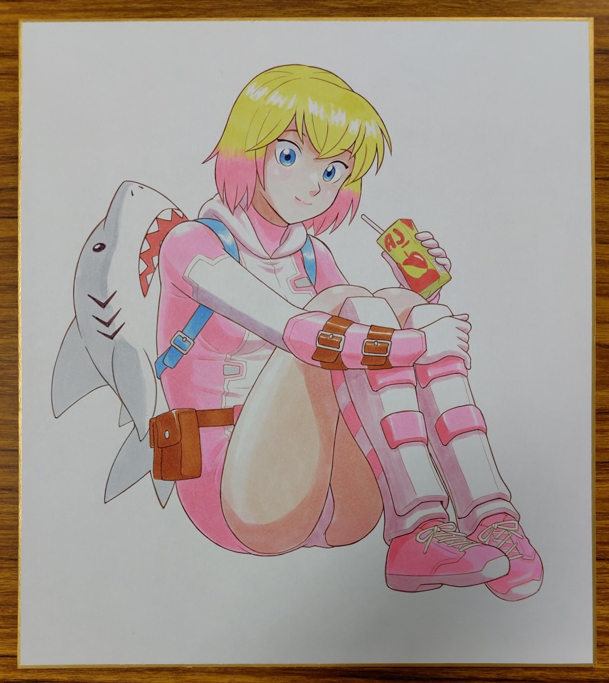 mizutani kenta, gwenpool, marvel, commentary request, cropped, highres, third-party edit, traditional media, 1girl, animal bag, apple juice, arm belt, arm guards, backpack, bag, belt, belt buckle, belt pouch, blonde hair, blue eyes, brown belt, buckle, closed mouth, colored tips, drink carton, full body, gloves, hand on own leg, holding, holding juice box, hood, hood down, hooded leotard, juice, juice box, leotard, multicolored hair, pink hair, pink leotard, pink shoes, pouch, shark bag, shin guards, shoes, short hair, sitting, smile, sneakers, solo, thighs, two-tone hair, white gloves