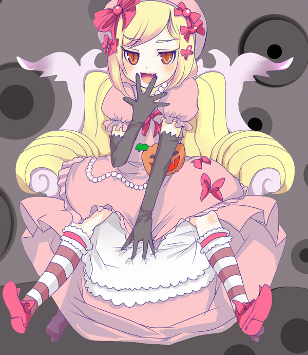 lambdadelta, umineko no naku koro ni, 00s, blonde hair, dress, elbow gloves, gloves, kneehighs, pink dress, pumpkin, ribbon, sitting, socks, yellow eyes