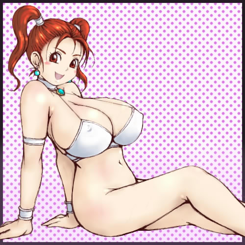 inomaru, jessica albert, dragon quest, dragon quest viii, square enix, lowres, 1girl, alternate costume, bare shoulders, bottomless, bra, breasts, cleavage, covered erect nipples, dancer's costume (dq), earrings, female focus, huge breasts, jewelry, legs, lingerie, necklace, open mouth, plump, red eyes, red hair, sitting, solo, twintails, underwear, white bra, wrist cuffs