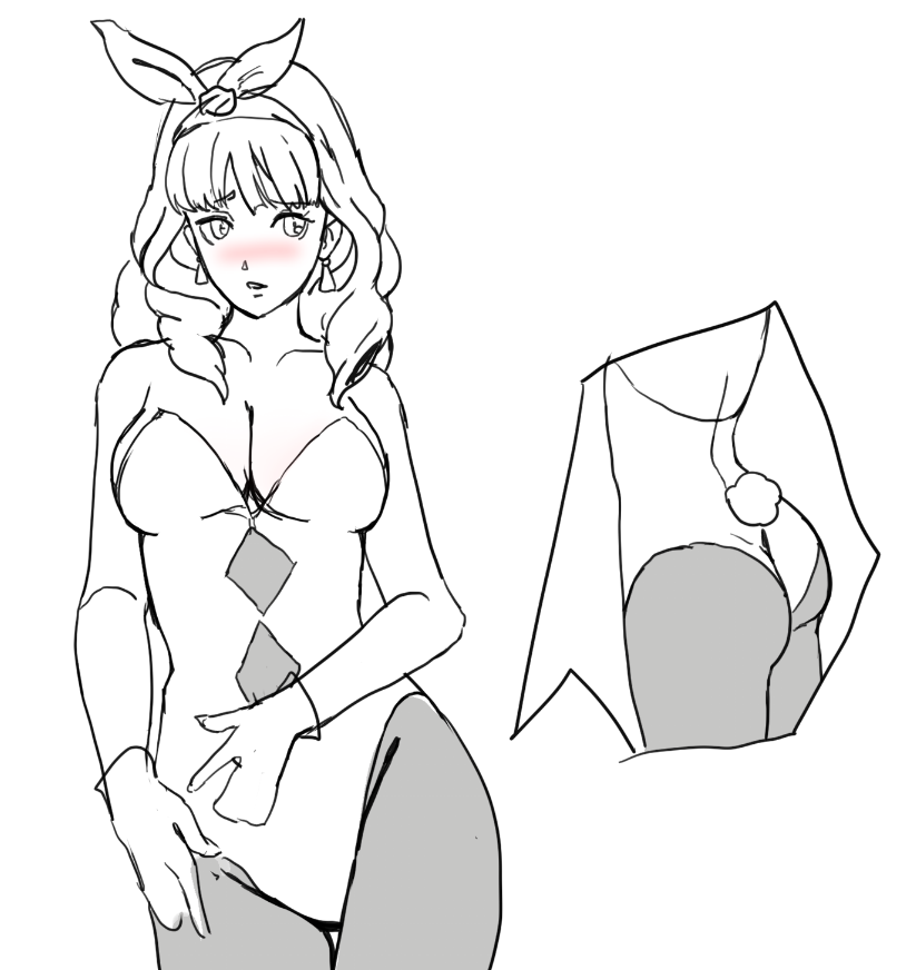 sunbeam (artist), celica (fire emblem), fire emblem, fire emblem echoes: shadows of valentia, nintendo, 1girl, ass, blush, breasts, butt crack outline, cleavage, earrings, gluteal fold, headband, jewelry, large breasts, leotard, long hair, pantyhose, playboy bunny, rabbit tail, simple background, sketch, solo