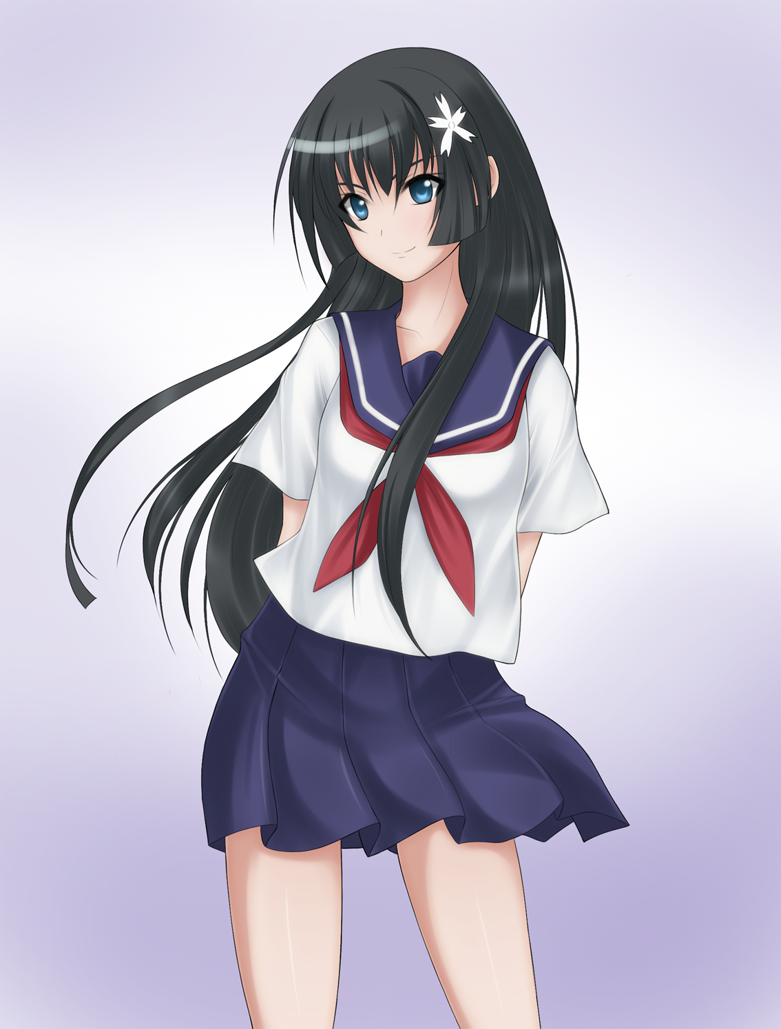 hevn, saten ruiko, toaru kagaku no railgun, toaru majutsu no index, highres, 00s, 1girl, ajutsu no index, arms behind back, black hair, blue eyes, blunt bangs, feet out of frame, female focus, flower, gradient background, hair flower, hair ornament, hime cut, long hair, sakugawa school uniform, school uniform, serafuku, skirt, smile, solo
