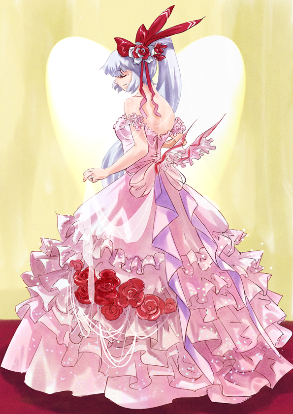 sakana (artist), sakana (ryuusui-tei), fujiwara no mokou, touhou, silver hair, 1girl, alternate costume, bow, bride, dress, female focus, flower, hair bow, jewelry, long hair, ring, rose, solo, wedding, wedding dress