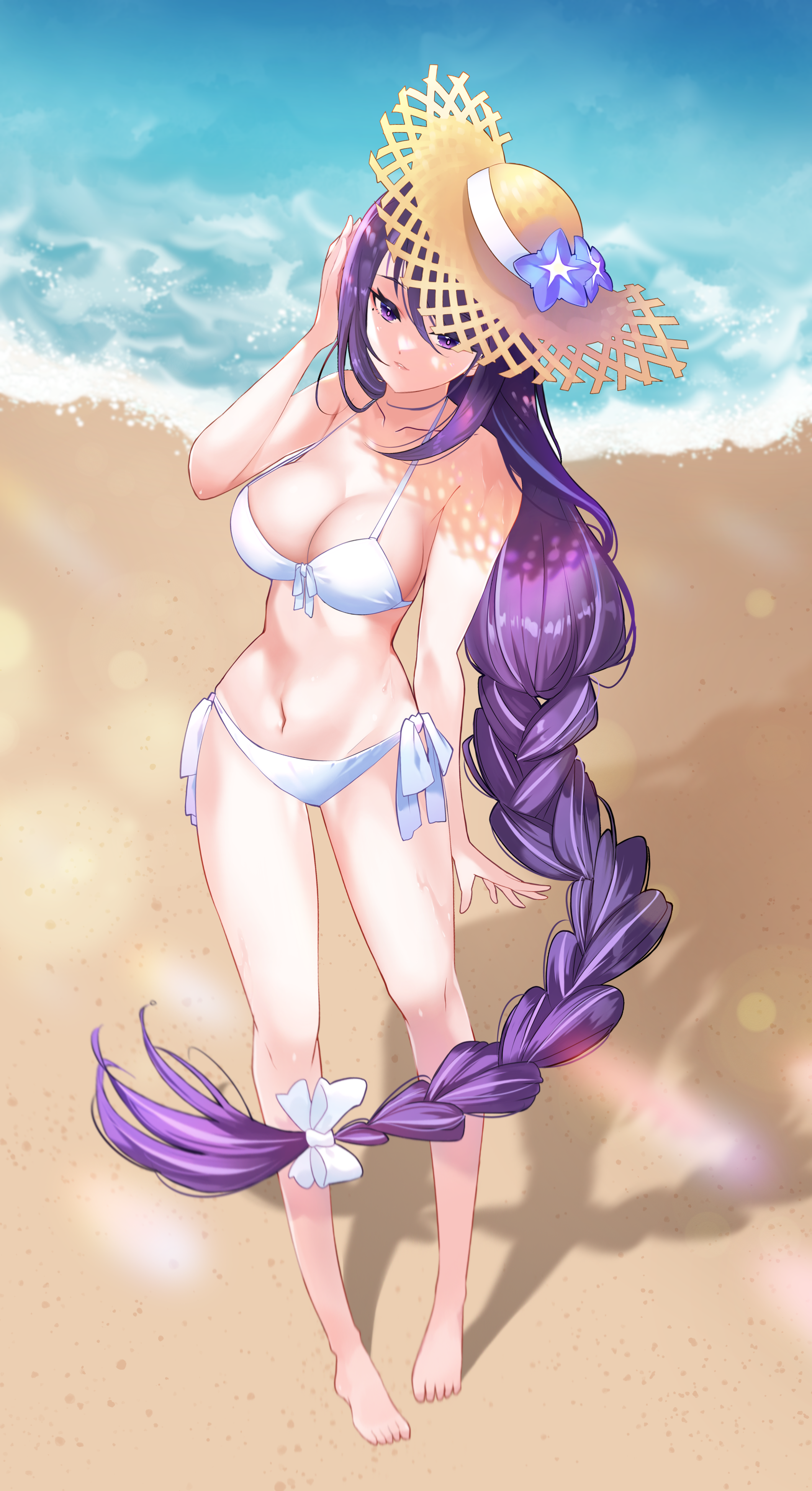 hamifr, raiden shogun, genshin impact, absurdres, commentary, highres, 1girl, bare shoulders, barefoot, beach, bikini, blurry, braid, breasts, cleavage, dappled sunlight, depth of field, feet, full body, hair between eyes, hair ribbon, hat, head tilt, huge breasts, light particles, long braid, looking to the side, mole, mole under mouth, navel, ocean, outdoors, purple eyes, purple hair, ribbon, sand, shade, shadow, single braid, solo, standing, stomach, straw hat, sunlight, swimsuit, water, white ribbon