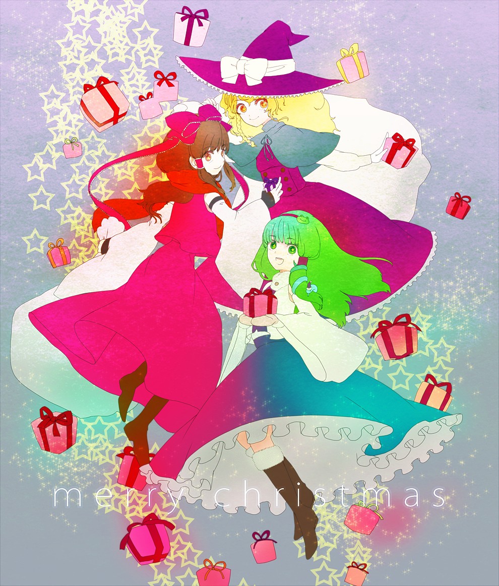 xero, hakurei reimu, kirisame marisa, kochiya sanae, perfect cherry blossom, touhou, 3girls, alternate costume, capelet, female focus, gift, hat, multiple girls, purple hat, scarf, wavy hair, witch, witch hat