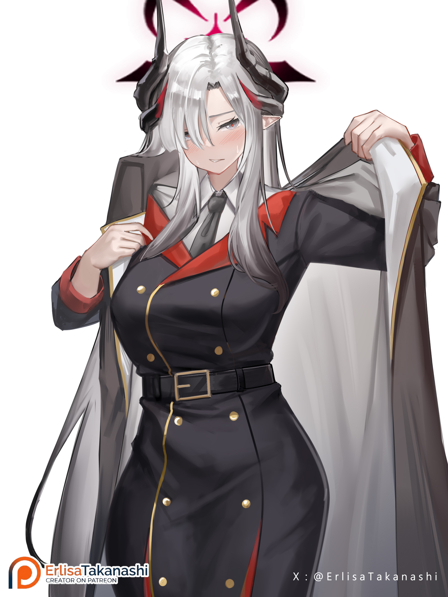 erlisa takanashi, makoto (blue archive), blue archive, highres, 1girl, belt, black belt, black coat, black horns, black necktie, breasts, coat, collared shirt, gradient hair, grey eyes, grey hair, hair between eyes, halo, horns, large breasts, multicolored hair, necktie, patreon username, pointy ears, shirt, solo, sweat, twitter username, white shirt