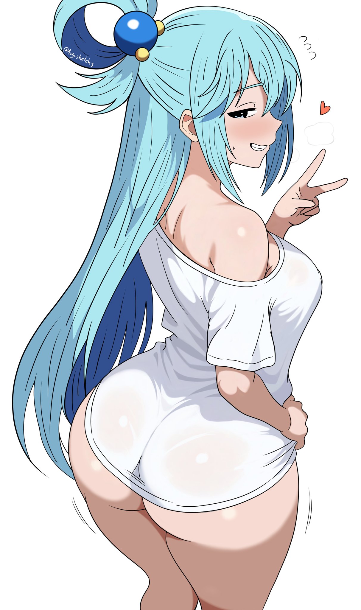 aqua (konosuba), kono subarashii sekai ni shukufuku wo!, highres, 1girl, ^^^, ass, ass focus, augusketchs, bare shoulders, blue eyes, blue hair, blush, breasts, hair ornament, hair rings, hand on own hip, heart, large breasts, long hair, looking at viewer, shirt, smile, solo, spanish commentary, sphere hair ornament, sweat, teeth, twitter username, v, very long hair, white background, white shirt