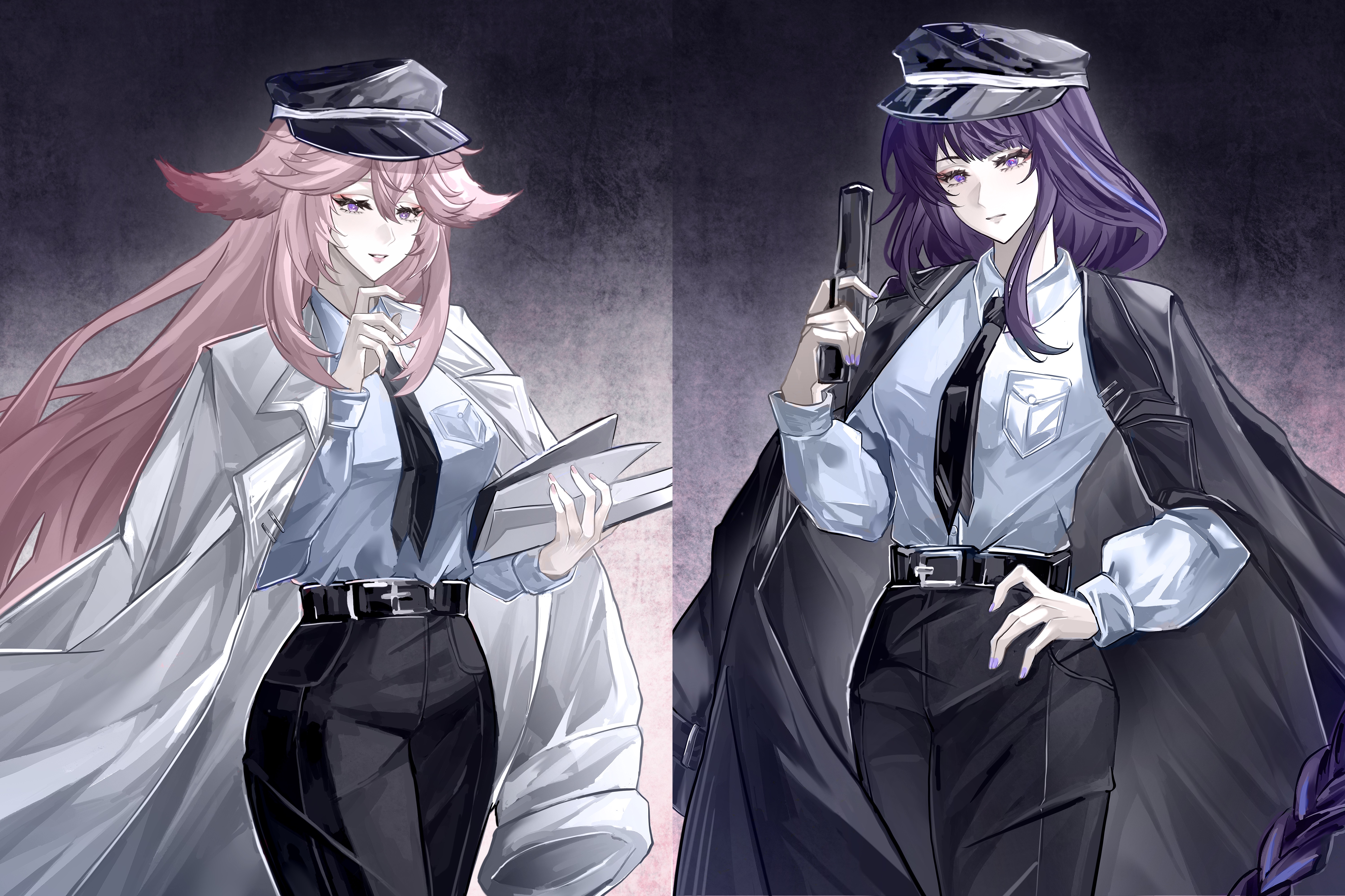 siyanghuasanke, raiden shogun, yae miko, genshin impact, absurdres, chinese commentary, commentary request, highres, 2girls, alternate costume, alternate universe, animal ears, belt, black belt, black coat, black necktie, black pants, blunt bangs, book, braid, coat, collared shirt, couple, cover, cover page, formal clothes, fox ears, fox girl, gradient background, gun, hair between eyes, hat, head tilt, holding, holding gun, holding weapon, long braid, long hair, long sleeves, looking at viewer, multicolored hair, multiple girls, necktie, open clothes, open coat, pants, pink hair, police, purple eyes, purple hair, shirt, single braid, streaked hair, suit, upper body, wavy hair, weapon, white coat, white shirt, yuri