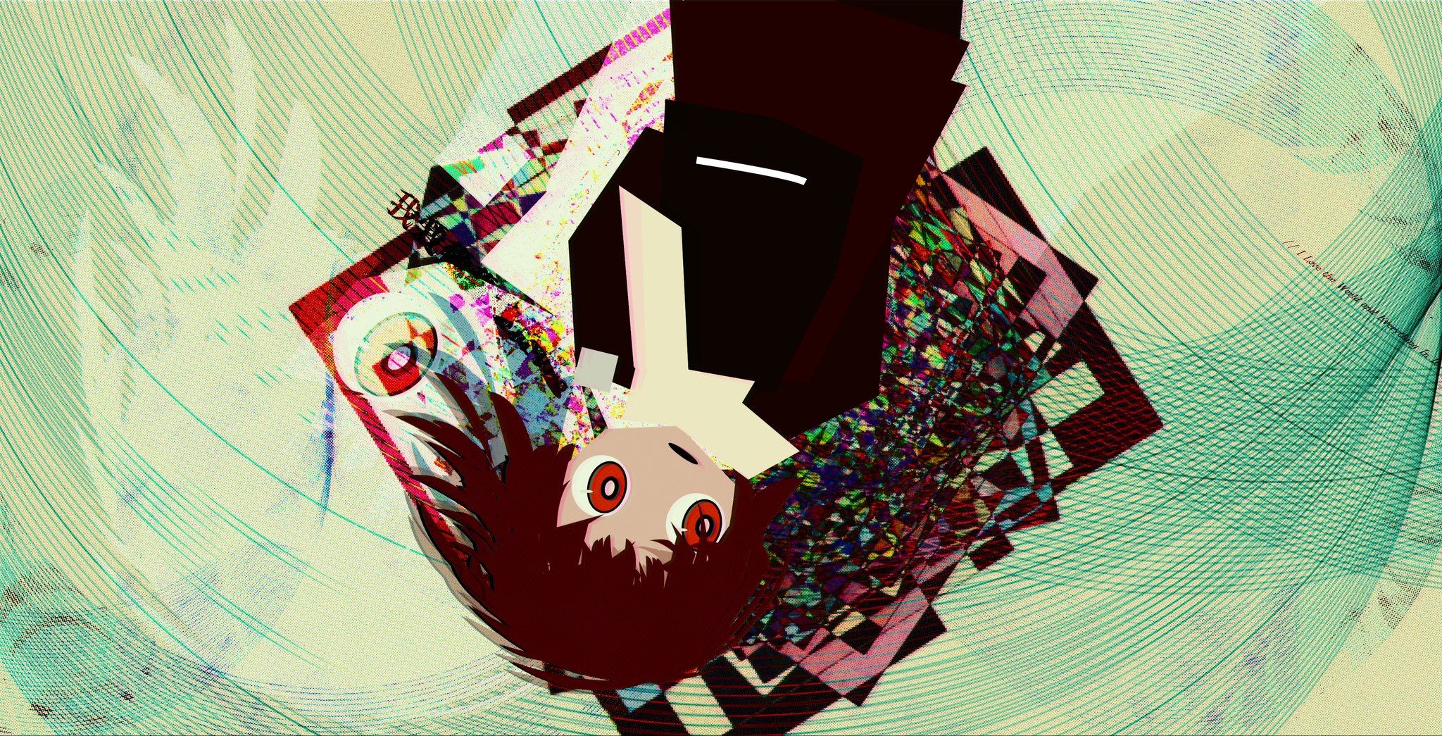 asya shubina, z.a.t.o. // i love the world and everything in it, hashtag-only commentary, highres, 1girl, abstract background, apron, black apron, bright pupils, brown dress, brown hair, cubism, dress, parted lips, red eyes, ryayiii, school uniform, short hair, solo, soviet school uniform, upside-down, white pupils