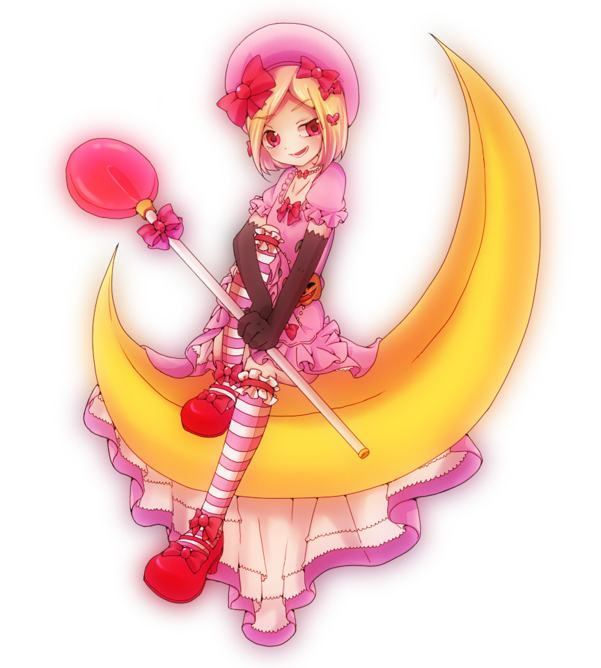 lambdadelta, umineko no naku koro ni, 00s, blonde hair, candy, dress, elbow gloves, food, gloves, kneehighs, lollipop, mary janes, moon, pink dress, red eyes, ribbon, shoes, sitting, smile, socks