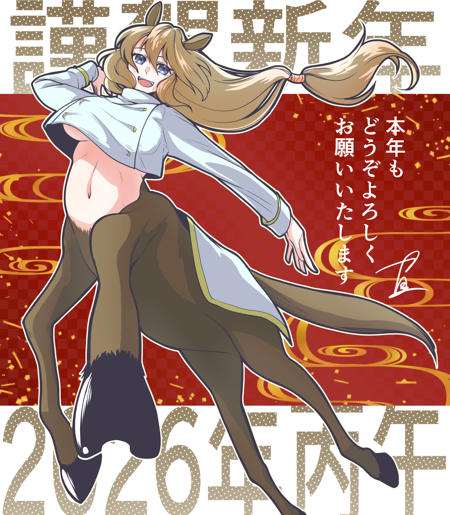 ariichi kyuu, original, commentary request, highres, translation request, 1girl, 2026, :d, animal ears, arm up, blonde hair, blue eyes, breasts, centaur, chinese zodiac, crop top, crop top overhang, cropped jacket, floating hair, hair between eyes, hooves, horse ears, horse tail, jacket, jumping, large breasts, long hair, long sleeves, looking at viewer, low-tied long hair, monster girl, multiple legs, navel, nengajou, new year, open mouth, sidelocks, signature, smile, solo, stomach, tail, taur, teeth, underboob, upper teeth only, white jacket, year of the horse