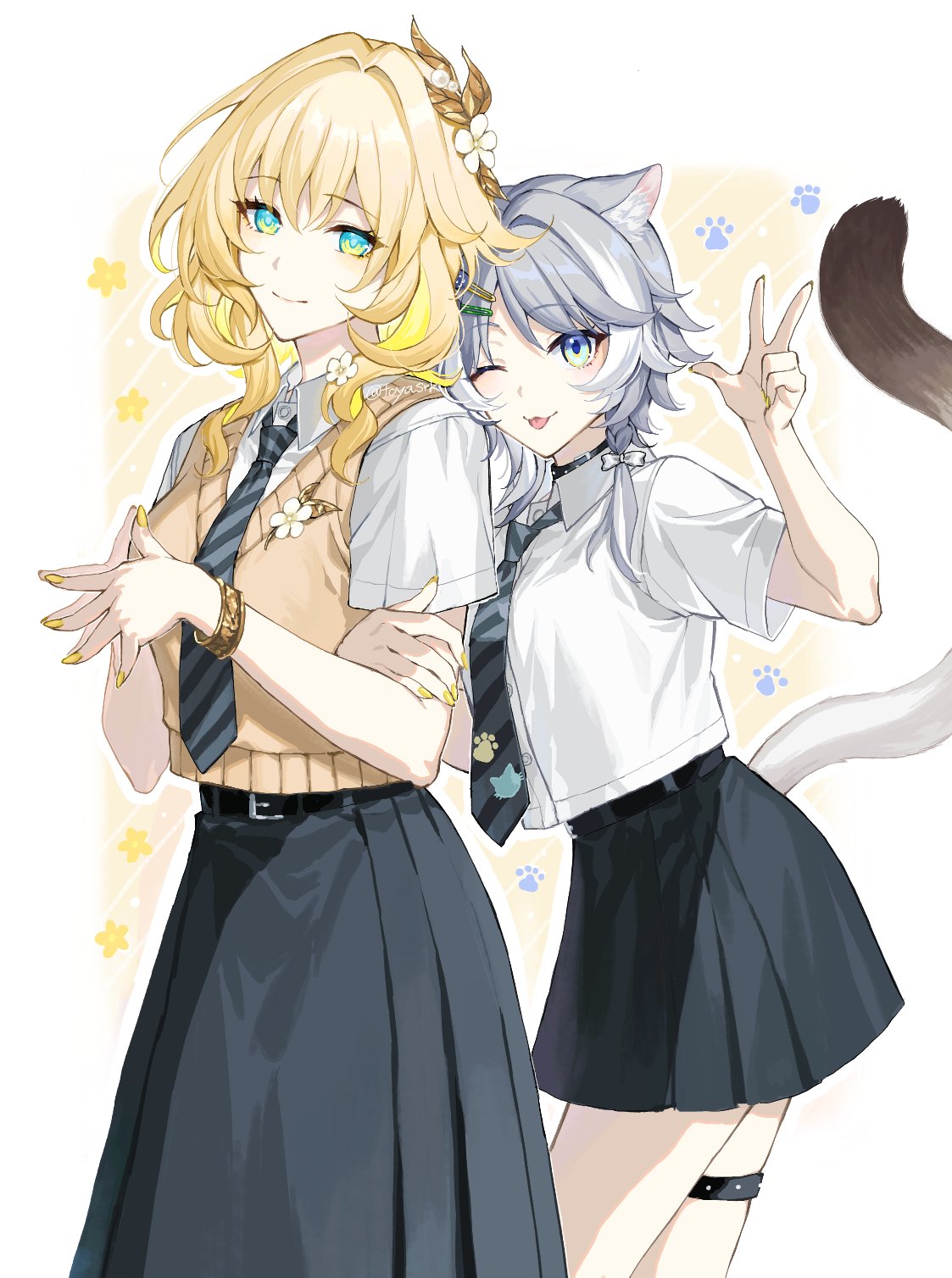 toyasrk, aglaea (honkai: star rail), cipher (honkai: star rail), honkai: star rail, honkai (series), commentary request, highres, 2girls, :3, alternate costume, animal ear fluff, animal ears, black skirt, blonde hair, blue eyes, braid, breasts, cat ears, cat girl, cat tail, closed mouth, collared shirt, flower, flower symbol, grey hair, hair between eyes, hair flower, hair ornament, laurel crown, looking at viewer, multiple girls, nail polish, necktie, one eye closed, paw print, shirt, side braid, simple background, skirt, steepled fingers, striped clothes, striped necktie, sweater vest, tail, thigh strap, white flower, white shirt, yellow nails
