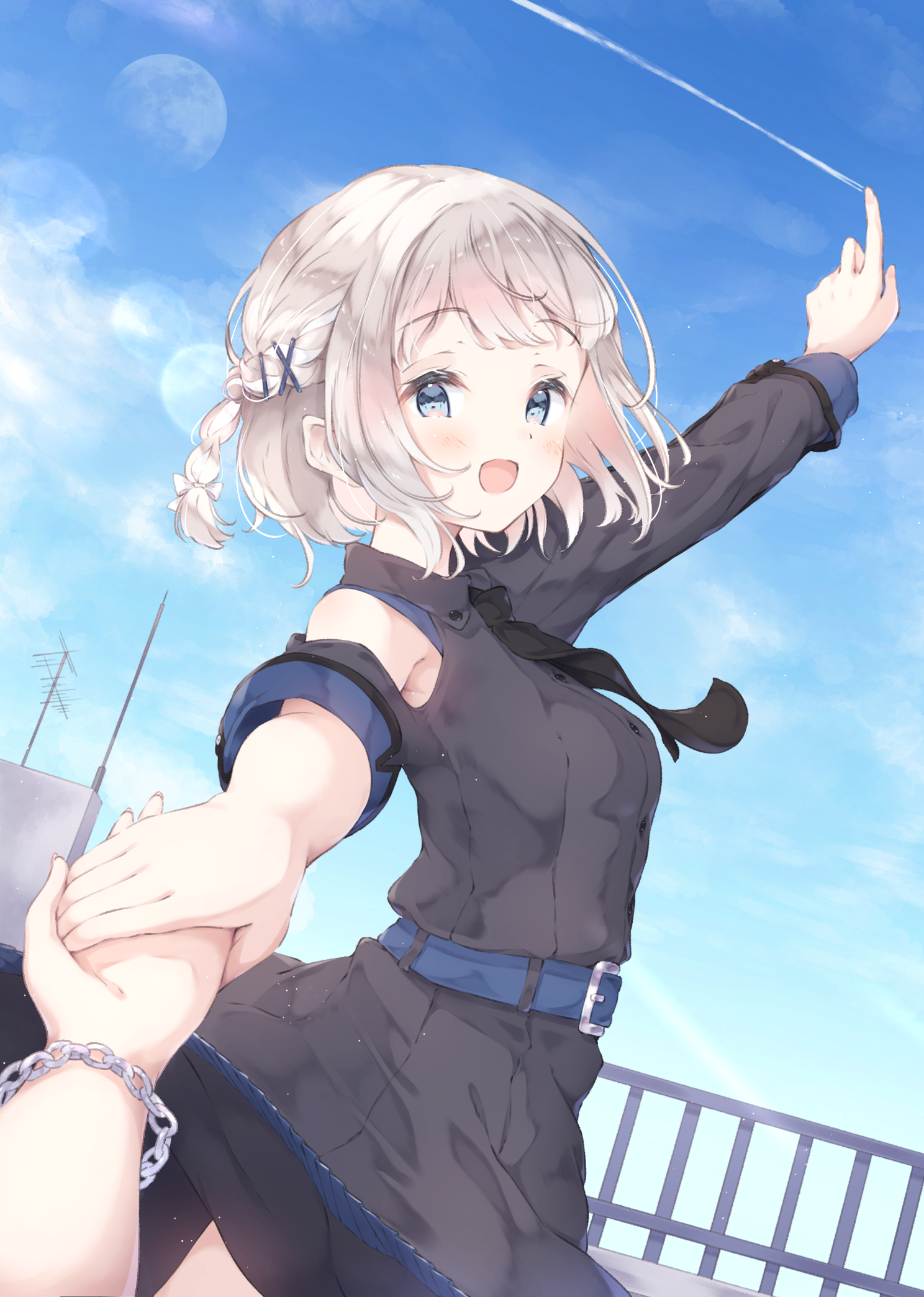 ukiwakisen, katsuragi lilja, shiun sumika, gakuen idolmaster, idolmaster, commentary request, highres, asymmetrical sleeves, belt, belt buckle, black dress, black necktie, blue belt, blue eyes, blue sky, blush, bracelet, braid, buckle, clothing cutout, cloud, contrail, day, dress, grey hair, hair ribbon, hakusen (idolmaster), half up braid, jewelry, looking at viewer, moon, necktie, official alternate costume, open mouth, outdoors, pointing, pointing at object, pov, pov hands, ribbon, short hair, shoulder cutout, sky, smile, solo focus