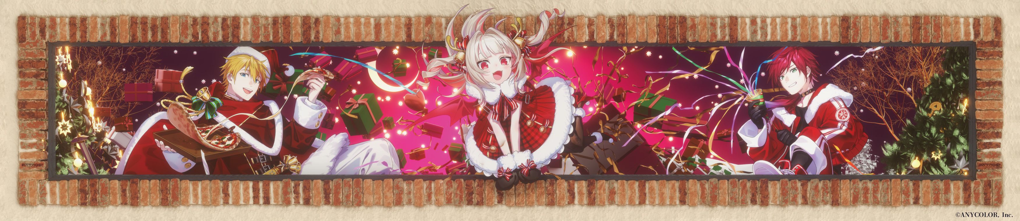 fumiko (throughx2), ex albio, lauren iroas, makaino ririmu, nijisanji, absurdres, highres, long image, official art, wide image, 1girl, 2boys, antlers, bell, black gloves, black pantyhose, blonde hair, blue eyes, blunt bangs, blush, bow, bowtie, box, brick wall, christmas, christmas present, christmas tree, colored inner hair, copyright notice, demon wings, dress, drill hair, fangs, flying, food, full body, fur-trimmed collar, fur-trimmed gloves, fur-trimmed skirt, fur anklet, fur trim, gift, gift box, glove bow, gloves, grey hair, hair bell, hair bow, hair intakes, hair ornament, hair over shoulder, high heels, holding, holding food, holding pizza, horns, leaning forward, leg tattoo, long hair, looking at viewer, mittens, multicolored hair, multiple boys, official alternate costume, open mouth, pantyhose, party popper, pink hair, pink streaks, pizza, pizza box, pizza slice, plaid clothes, plaid dress, pleated skirt, pom pom footwear, red bow, red bowtie, red dress, red eyes, red hair, red shoes, red wings, reindeer antlers, santa costume, see-through pantyhose, shoes, short hair, sidelocks, skirt, sleeveless, smile, streaked hair, striped bow, striped bowtie, striped clothes, tattoo, two-tone hair, two side up, virtual youtuber, white fur, winged heart, winged heart tattoo, wings