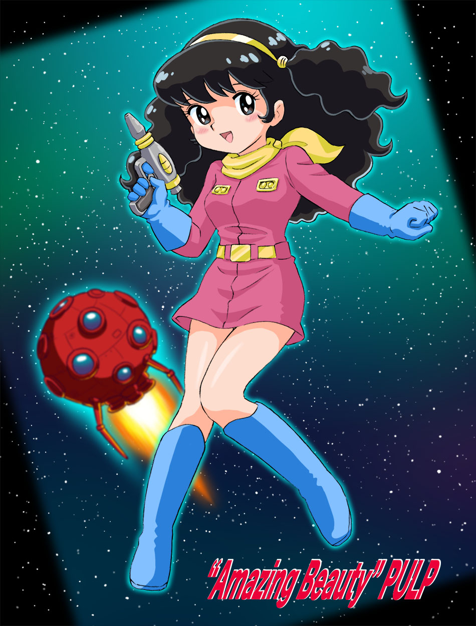 mizutani kenta, commentary, highres, 1girl, art pulp, bandana, bandana around neck, belt, belt buckle, black eyes, black hair, blue boots, blue gloves, boots, buckle, character name, dress, energy gun, full body, gloves, gun, hairband, hand up, holding, holding gun, holding weapon, knee boots, long hair, open mouth, pink dress, pulp-chan no daibouken, science fiction, short dress, smile, solo, space, spacecraft, star (symbol), two side up, weapon, yellow bandana, yellow belt, yellow hairband