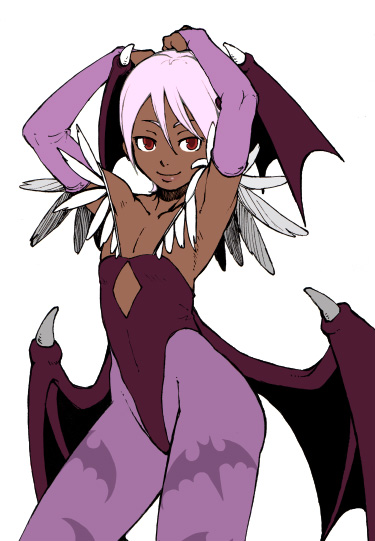 lilith (darkstalkers), capcom, darkstalkers, 1girl, alternate color, armpits, dark-skinned female, dark skin, demon girl, demon wings, female focus, flat chest, ganguro, gyaru, pink hair, red eyes, short hair, smile, solo, white hair, wings
