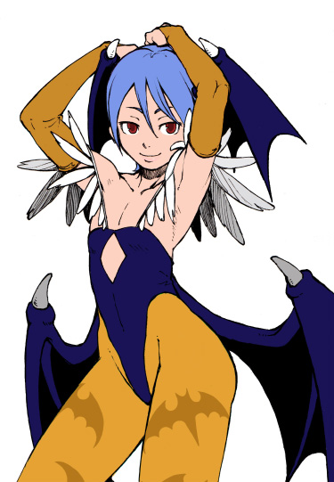 lilith (darkstalkers), capcom, darkstalkers, 1girl, alternate color, armpits, blue hair, demon girl, demon wings, female focus, flat chest, flat color, purple hair, red eyes, short hair, simple background, smile, solo, white background, wings