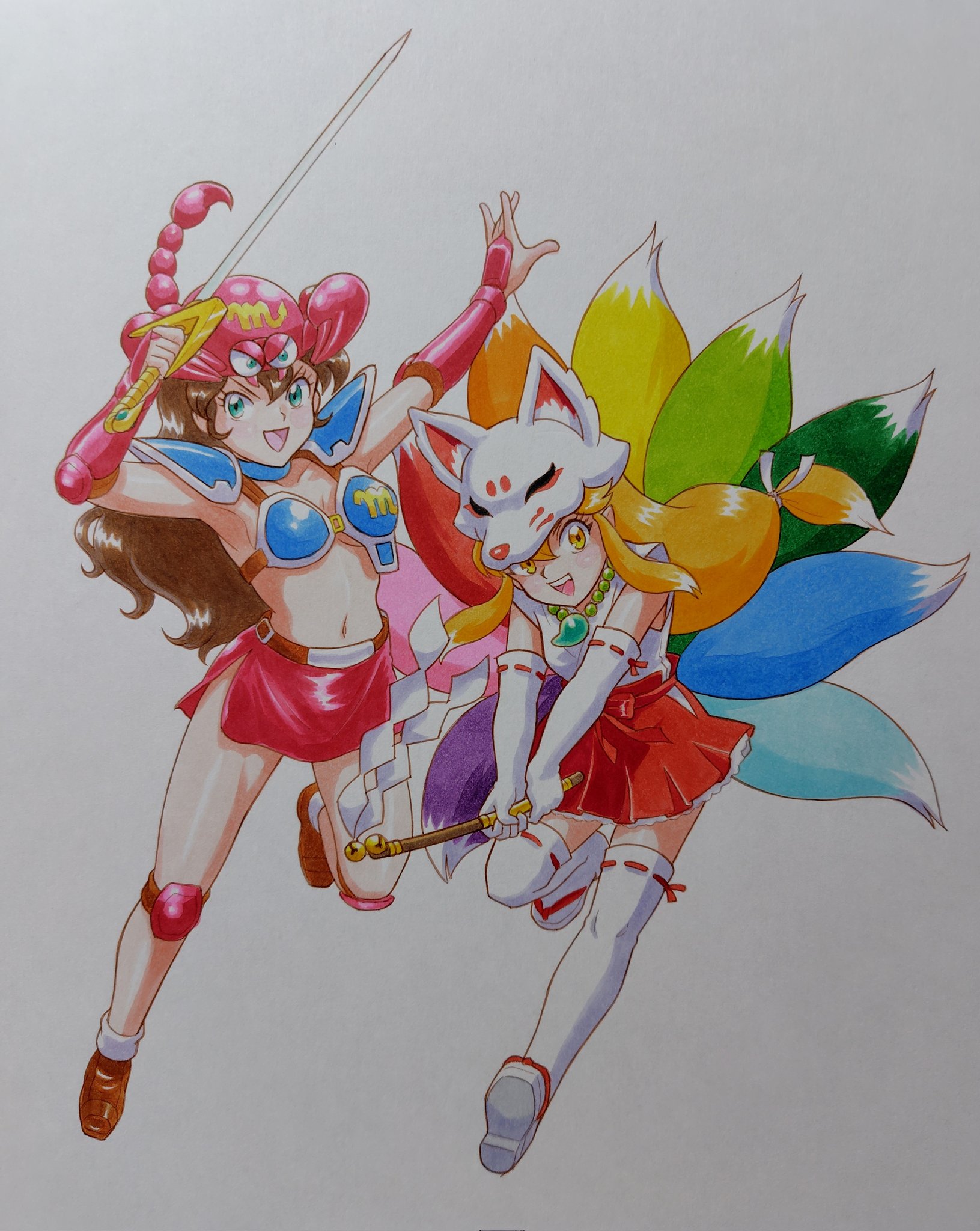 mizutani kenta, commentary request, highres, traditional media, 2girls, animal ears, animal hat, armor, arms up, arthropod girl, bikini armor, blonde hair, blue choker, blue eyes, breasts, brown hair, brown shoes, choker, colored tips, crossover, elbow gloves, fox ears, fox girl, fox hat, fox tail, fukkatsu no ken another nima, full body, fuuin ken zanima, gloves, gohei, hakama, hakama short skirt, hakama skirt, hat, holding, holding gohei, holding sword, holding weapon, japanese clothes, jewelry, kimono, kitsune, knee pads, long hair, low-tied long hair, magatama, magatama necklace, medium breasts, midriff, miniskirt, motoyui, multicolored hair, multiple girls, multiple tails, navel, necklace, open mouth, pointy ears, red hakama, red skirt, sandals, sassou lieza, scorpio (symbol), scorpion girl, shoes, shoulder armor, side slit, sidelocks, simple background, skirt, sleeveless, sleeveless kimono, smile, sword, tail, teeth, thighhighs, two-tone hair, upper teeth only, vambraces, weapon, white background, white gloves, white hair, white kimono, white thighhighs, yellow eyes, youko qb, zouri
