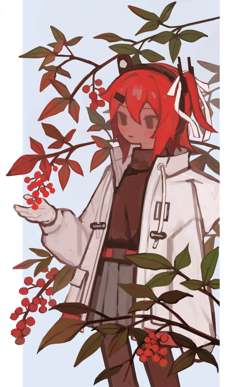 s1ho (ukiy0u0), adachi rei, a.i. voice, utau, highres, 1girl, belt, berry, brown pantyhose, brown sweater, closed mouth, coat, cowboy shot, drawstring, expressionless, gloves, grey skirt, hair between eyes, hair ribbon, leaf, long sleeves, one side up, open clothes, open coat, pantyhose, plant, pleated skirt, pocket, red belt, red eyes, red hair, ribbon, short hair, skirt, solo, sweater, turtleneck, turtleneck sweater, white coat, white gloves, white ribbon