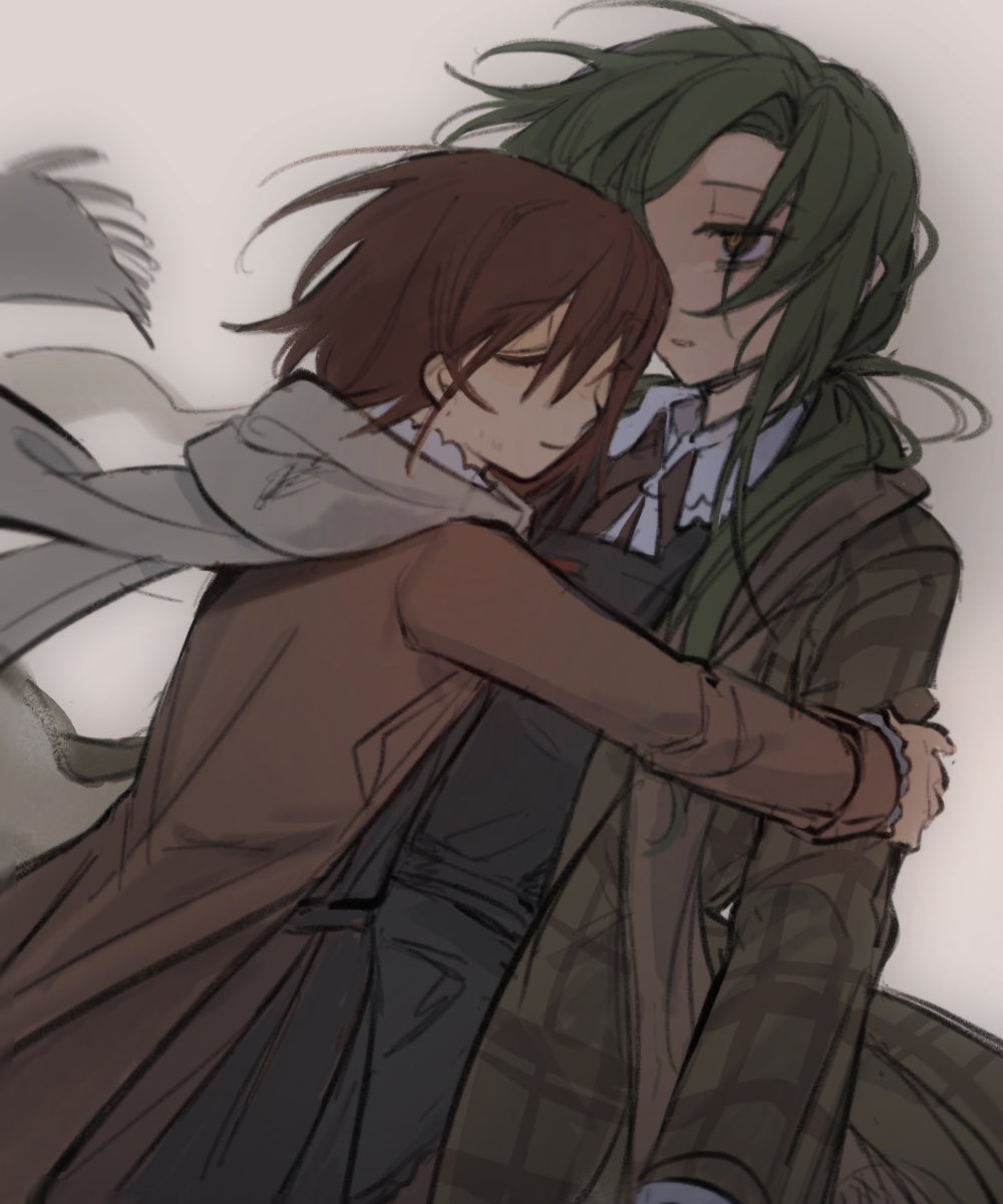 asya shubina, marina kaplan, z.a.t.o. // i love the world and everything in it, commentary, english commentary, highres, 2girls, apron, black apron, brown coat, brown hair, chitu o, closed eyes, closed mouth, coat, green hair, half-closed eyes, hug, long hair, long sleeves, multiple girls, plaid clothes, plaid coat, scarf, school uniform, short hair, smile, soviet school uniform, white background, white scarf, yellow pupils