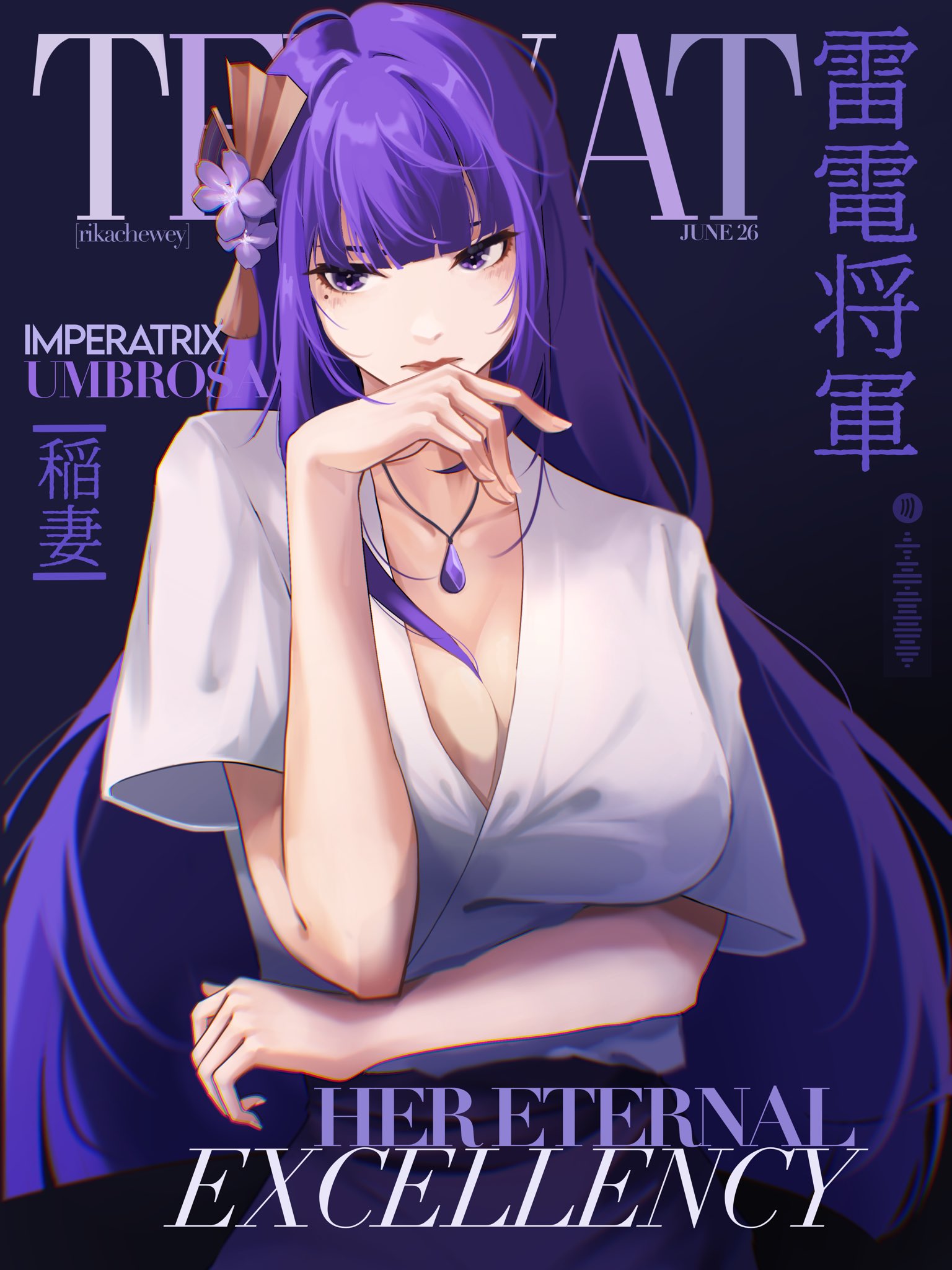 raiden shogun, genshin impact, commentary, english commentary, highres, 1girl, alternate costume, blunt bangs, breasts, cleavage, closed mouth, collarbone, contemporary, cover, english text, expressionless, fan hair ornament, hair down, hair ornament, jewelry, large breasts, long hair, looking to the side, magazine cover, mole, mole under eye, necklace, purple background, purple eyes, purple hair, red lips, rikachewey, shirt, short sleeves, solo, standing, upper body, white shirt, wide sleeves