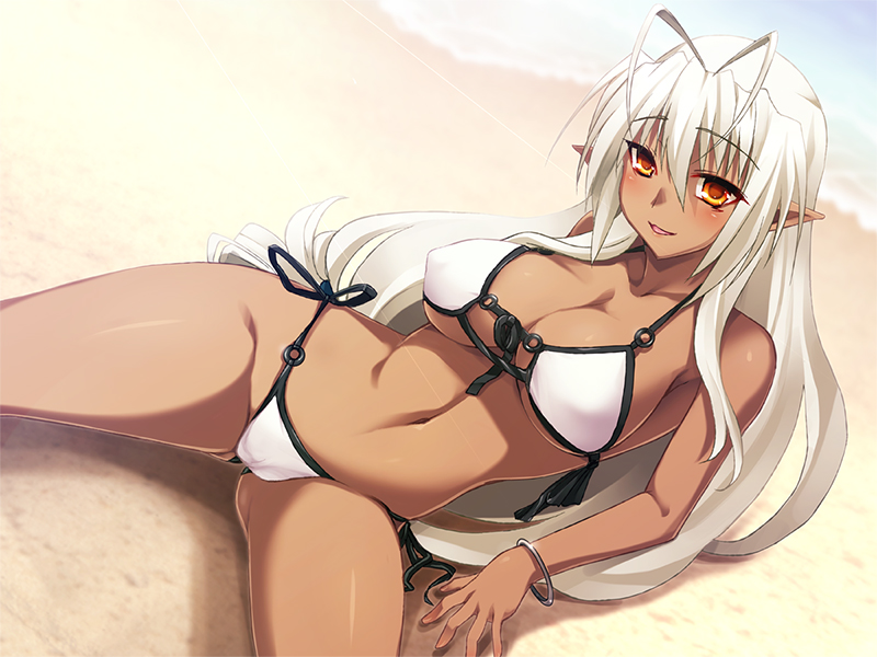 kouki kuu, sansei muramasa, nitroplus, soukou akki muramasa, 1girl, antenna hair, arm support, beach, bikini, bracelet, breasts, cleavage, curvy, dark-skinned female, dark elf, dark skin, dutch angle, elf, female focus, groin, jewelry, large breasts, long hair, navel, orange eyes, pointy ears, red eyes, side-tie bikini bottom, smile, solo, spread legs, swimsuit, water, white bikini, white hair