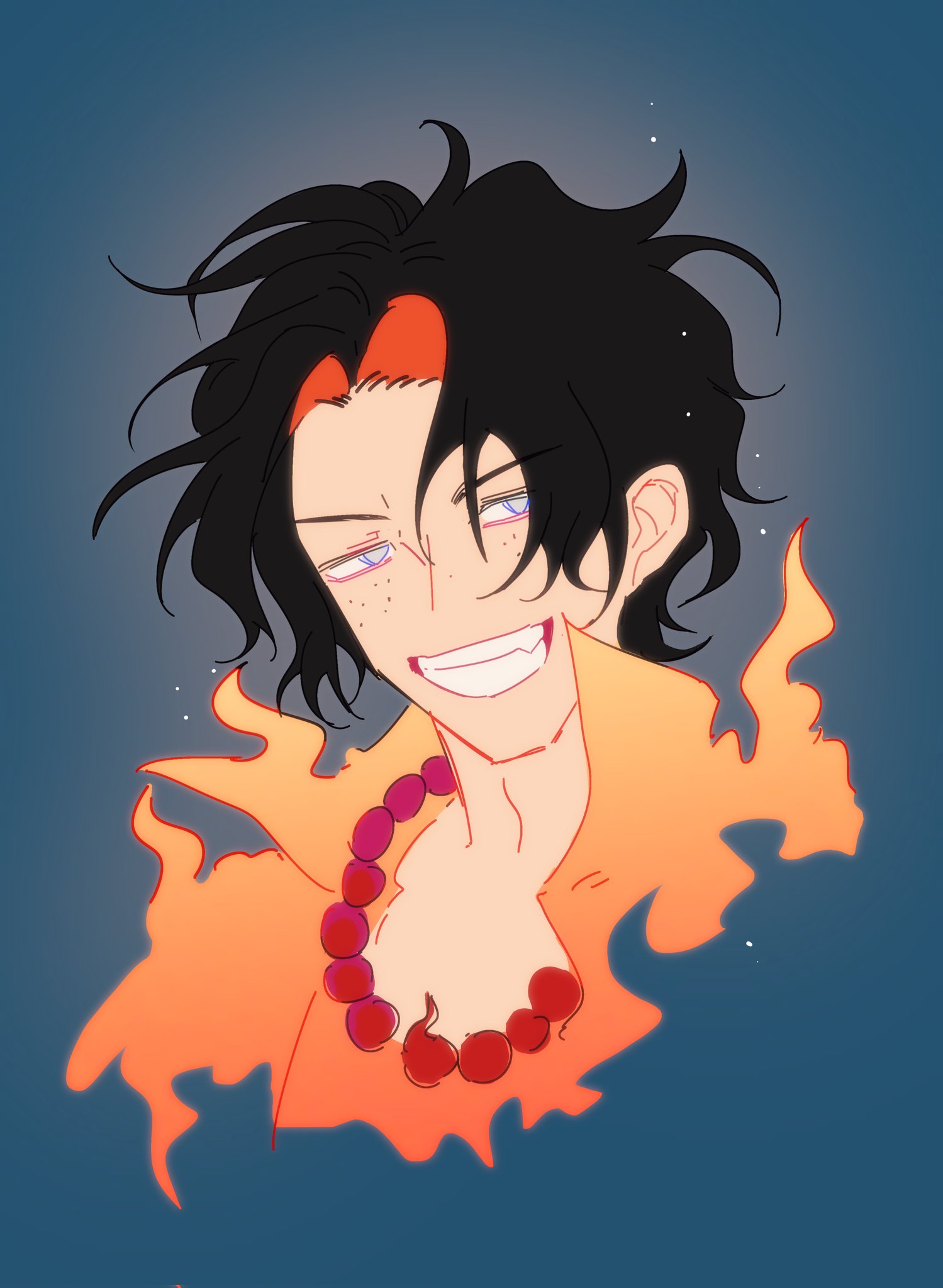 shiyuzai, portgas d. ace, one piece, commentary, highres, symbol-only commentary, 1boy, black hair, blue background, blue eyes, fire, freckles, jewelry, male focus, necklace, orange shirt, pearl necklace, shirt, short hair, smile, solo