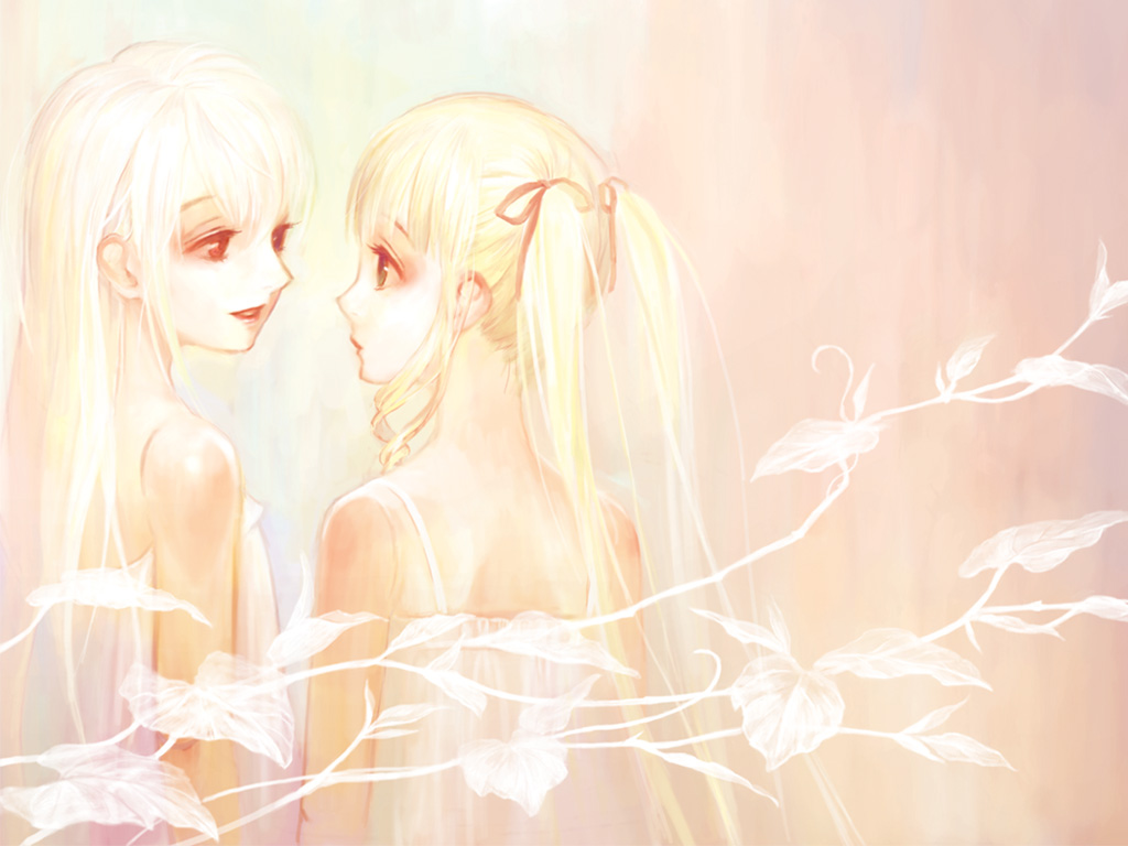 miya (foolish order), shinku, suigintou, rozen maiden, 00s, 2girls, blonde hair, camisole, doll joints, joints, long hair, multiple girls, red eyes, white hair