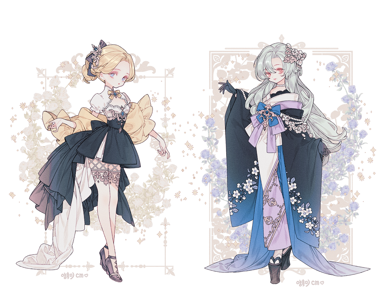 lemon89h, original, commentary, 2girls, artist name, asymmetrical bangs, black dress, blonde hair, blue eyes, border, bow, bowtie, dress, embroidery, eyeliner, fashion, floral background, floral print, frills, full body, green hair, hair ornament, high heels, japanese clothes, jewelry, kimono, layered kimono, long hair, makeup, mole, mole under mouth, multiple girls, necklace, parted bangs, pearl necklace, pink eyeliner, platform sandals, ponytail, red eyes, rococo movement, sandals, shawl, string of pearls, thighhighs, two-tone background, two-tone dress, very long hair, wavy hair, white dress