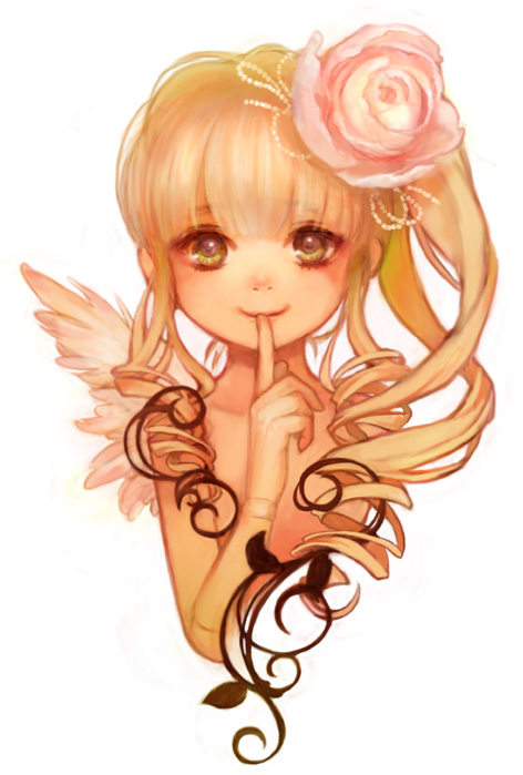 miya (foolish order), shinku, rozen maiden, 00s, blonde hair, doll joints, drill hair, finger to mouth, flower, hair flower, hair ornament, joints, long hair, ponytail, wings
