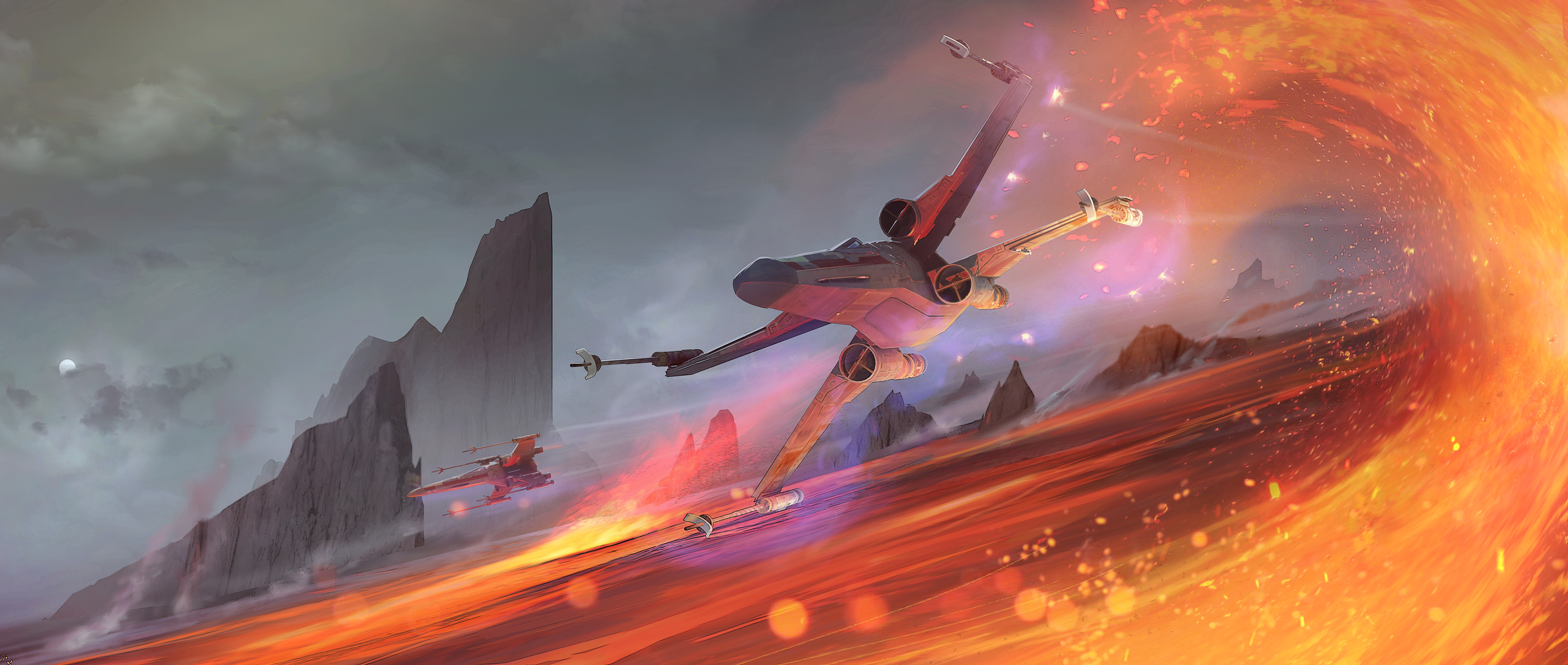 x-wing, star wars, absurdres, highres, clint young, grey sky, lava, no humans, outdoors, sky, vehicle focus
