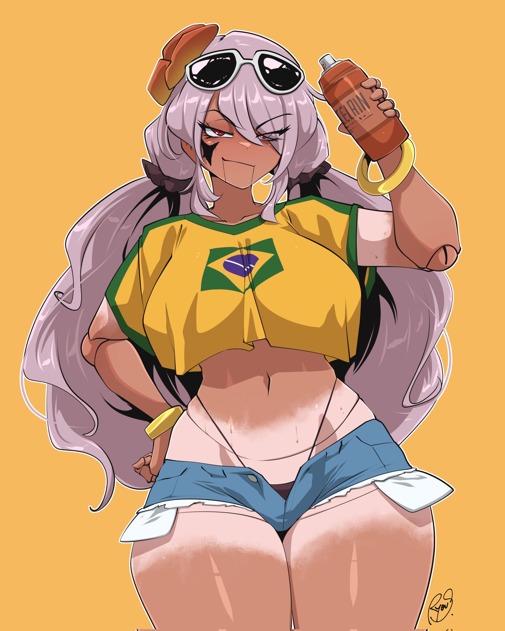 ryou sakai, jowol, indie virtual youtuber, commentary, corrupted twitter file, english commentary, highres, second-party source, 1girl, bottle, bracelet, brazilian flag, brazilian flag print, breasts, cropped shirt, doll joints, eyewear on head, fake tan, flag print, glasses, gold bracelet, grey hair, holding, holding bottle, jewelry, joints, long hair, navel, open fly, red eyes, shadow, shirt, short shorts, shorts, signature, solo, spray can, virtual youtuber, yellow background, yellow shirt