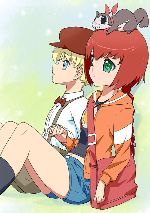 kawasaki kazuhiko, july (darker than black), mao (darker than black), suou pavlichenko, darker than black, bad id, bad pixiv id, 00s, black cat, blonde hair, blue eyes, braid, cat, green eyes, hat, red hair