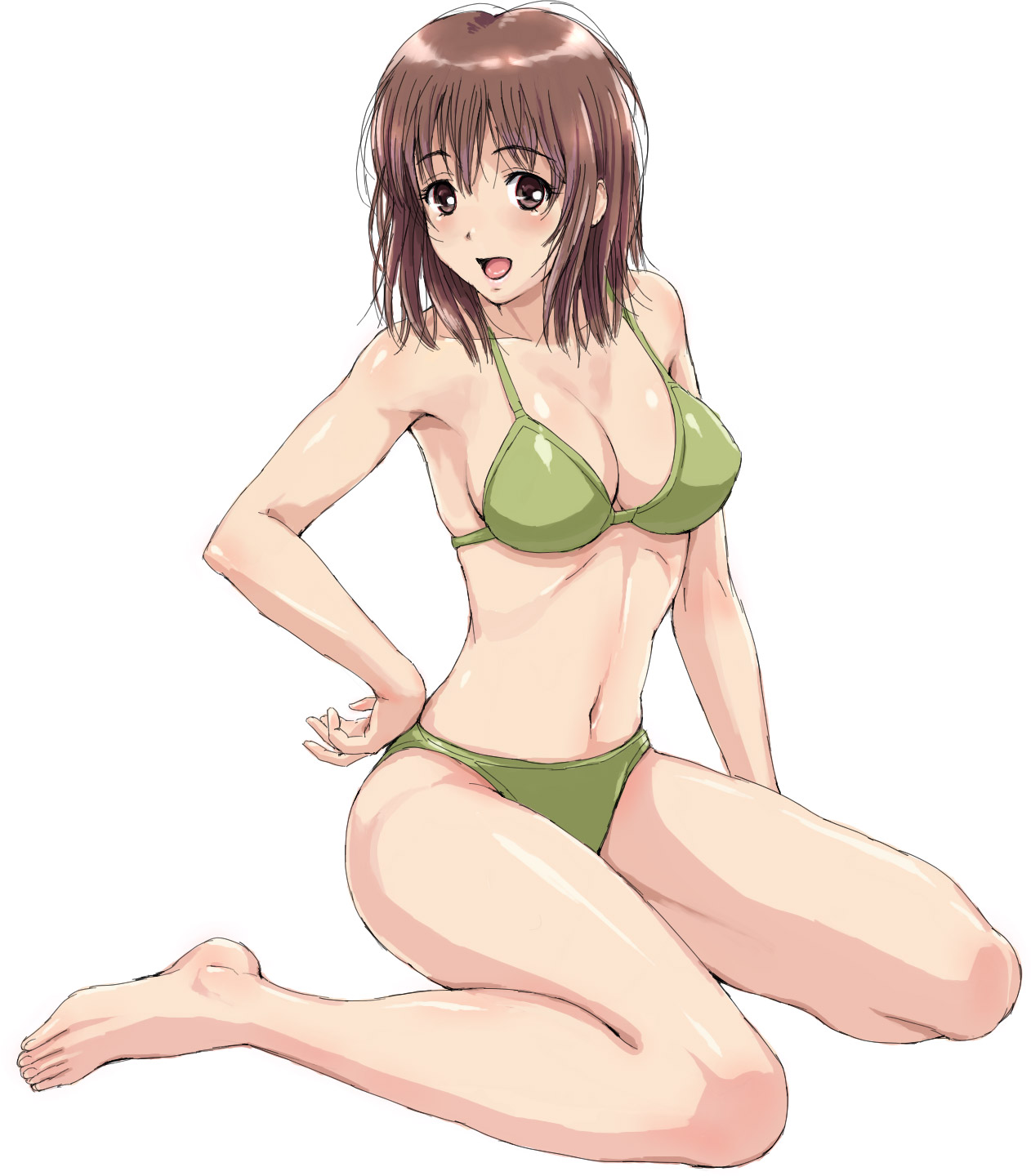 nigou, highres, 1girl, armpits, barefoot, bikini, breasts, brown eyes, brown hair, cleavage, feet, female focus, green bikini, hand on own hip, hip focus, kneeling, navel, open mouth, shiny skin, sideboob, sitting, sketch, smile, solo, swimsuit, wariza