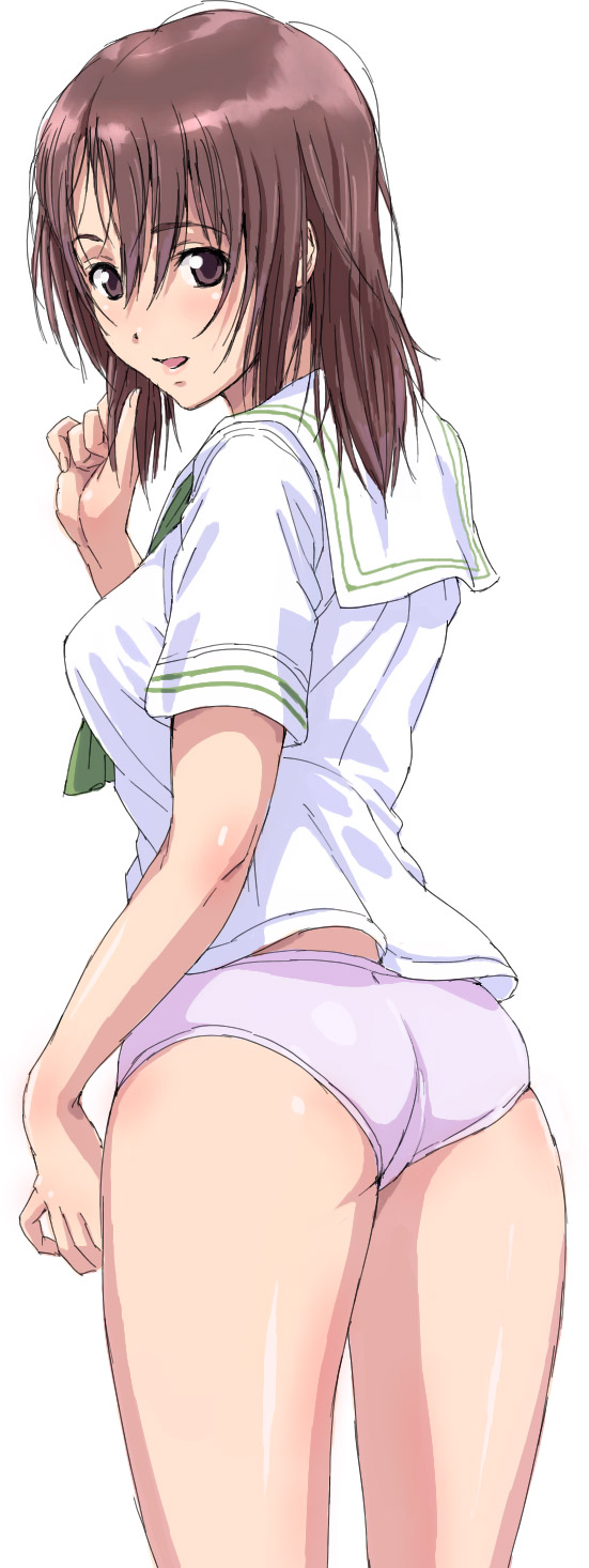 nigou, highres, 1girl, ass, brown eyes, brown hair, cowboy shot, female focus, holding, holding own hair, no pants, panties, school uniform, serafuku, short hair, simple background, solo, underwear, white background, white panties