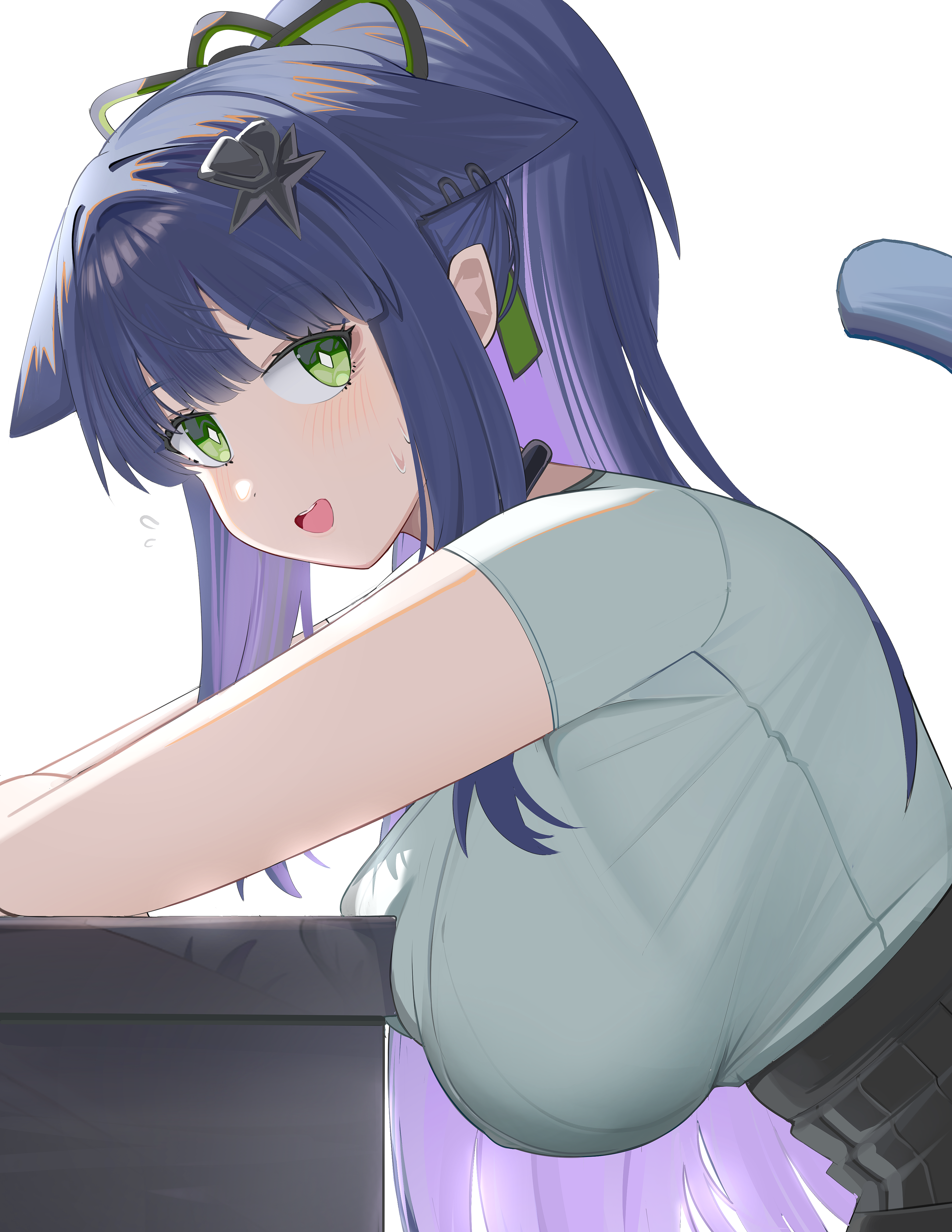 spam (spamham4506), jessica (arknights), jessica the liberated (arknights), arknights, absurdres, highres, 1girl, :d, animal ears, black skirt, blue hair, blush, breasts, cat ears, cat girl, cat tail, flying sweatdrops, from side, green eyes, large breasts, long hair, looking at viewer, looking to the side, multicolored hair, open mouth, pleated skirt, ponytail, purple hair, reflection, shirt, simple background, skirt, small sweatdrop, smile, solo, sweat, tail, two-tone hair, upper body, very long hair, white background, white shirt