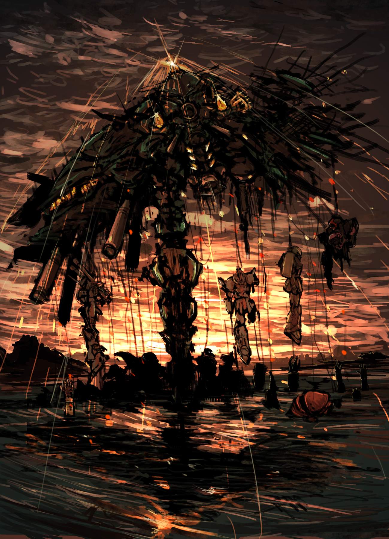 moto murabito, acguy, big zam, dom (mobile suit), gogg, gouf, kampfer (mobile suit), z'gok, zaku, zaku ii, zaku ii f/j, gundam, gundam 0080, mobile suit gundam, ornament, 1980s (style), highres, traditional media, broken, christmas, damaged, hanging, mecha, oldschool, rain, retro artstyle, robot, submerged, sunset, zeon