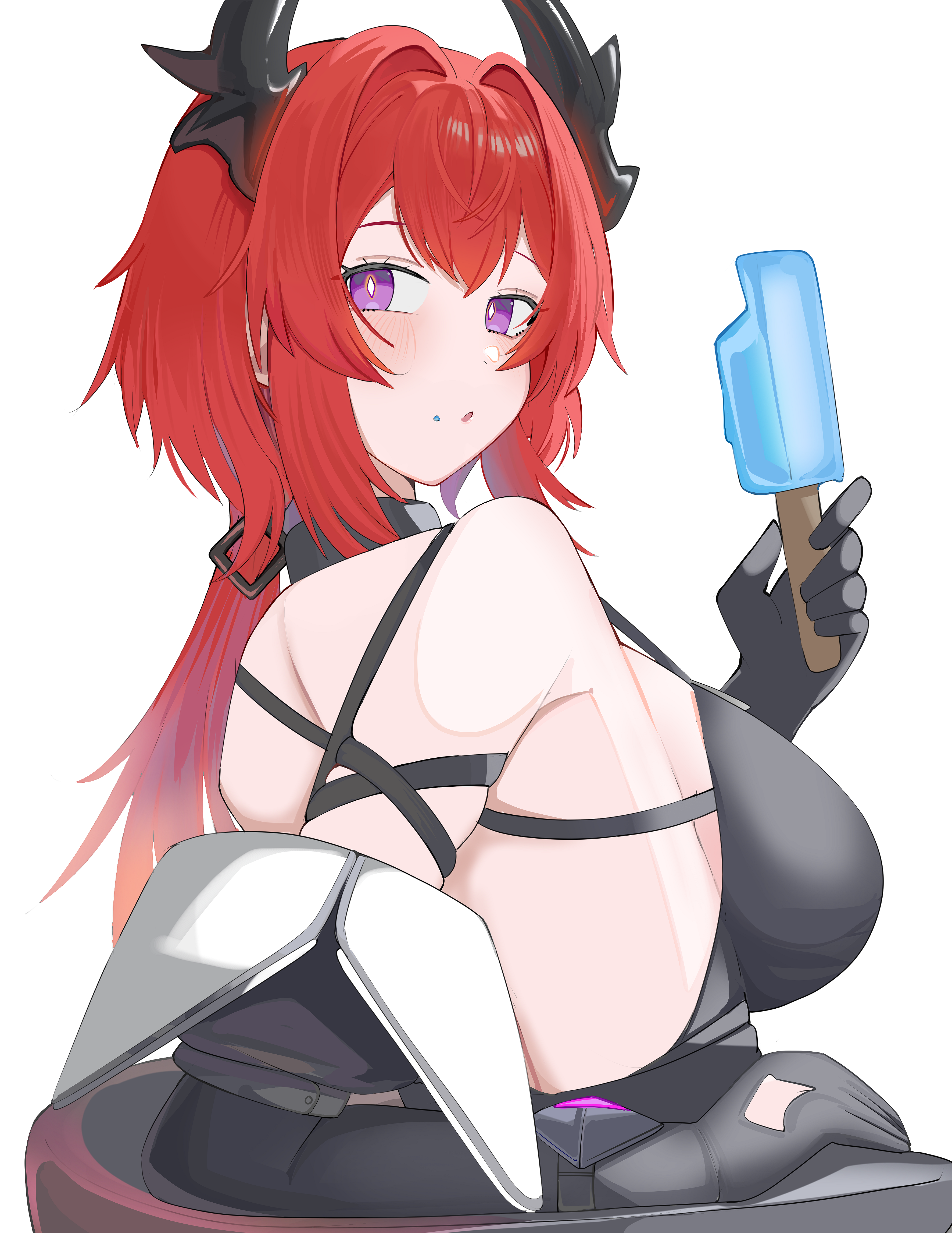 spam (spamham4506), surtr (arknights), arknights, absurdres, highres, 1girl, black dress, black jacket, breasts, dress, food, food on face, from side, gloves, grey gloves, holding, holding food, horns, jacket, large breasts, long hair, long sleeves, looking at viewer, looking to the side, popsicle, purple eyes, red hair, simple background, solo, very long hair, white background