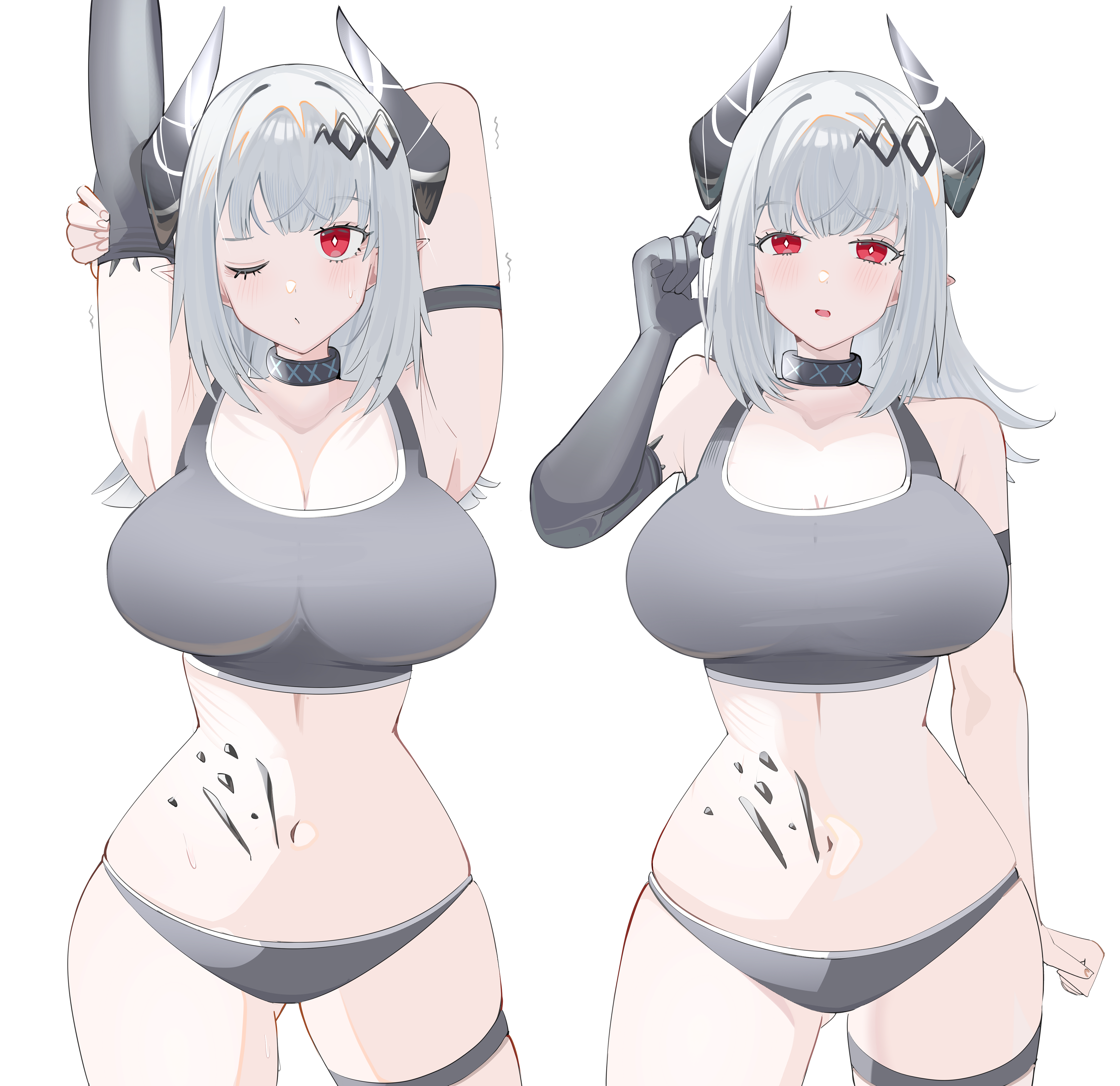 spam (spamham4506), mudrock (arknights), arknights, absurdres, highres, 1girl, arm behind head, arm up, bare shoulders, blush, breasts, cleavage, closed mouth, collarbone, cowboy shot, elbow gloves, gloves, grey gloves, grey hair, grey panties, large breasts, long hair, looking at viewer, material growth, multiple views, navel, one eye closed, oripathy lesion (arknights), panties, pointy ears, red eyes, simple background, single glove, skindentation, sports bra, stretching, thigh strap, trembling, underwear, white background