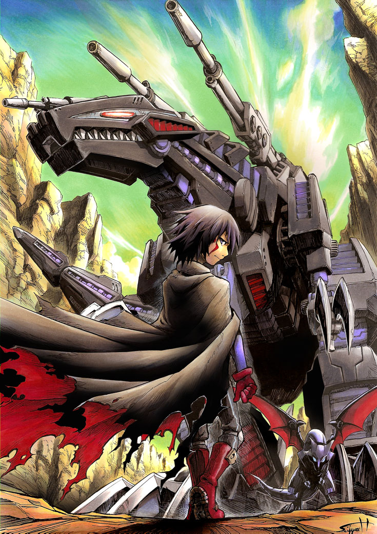 sei jun, genosaurer, raven (zoids), shadow (zoids), zoids, zoids chaotic century, 1boy, claws, cloak, dinosaur, facial mark, gloves, male focus, mecha, robot, signature, solo, tail, teeth, torn clothes