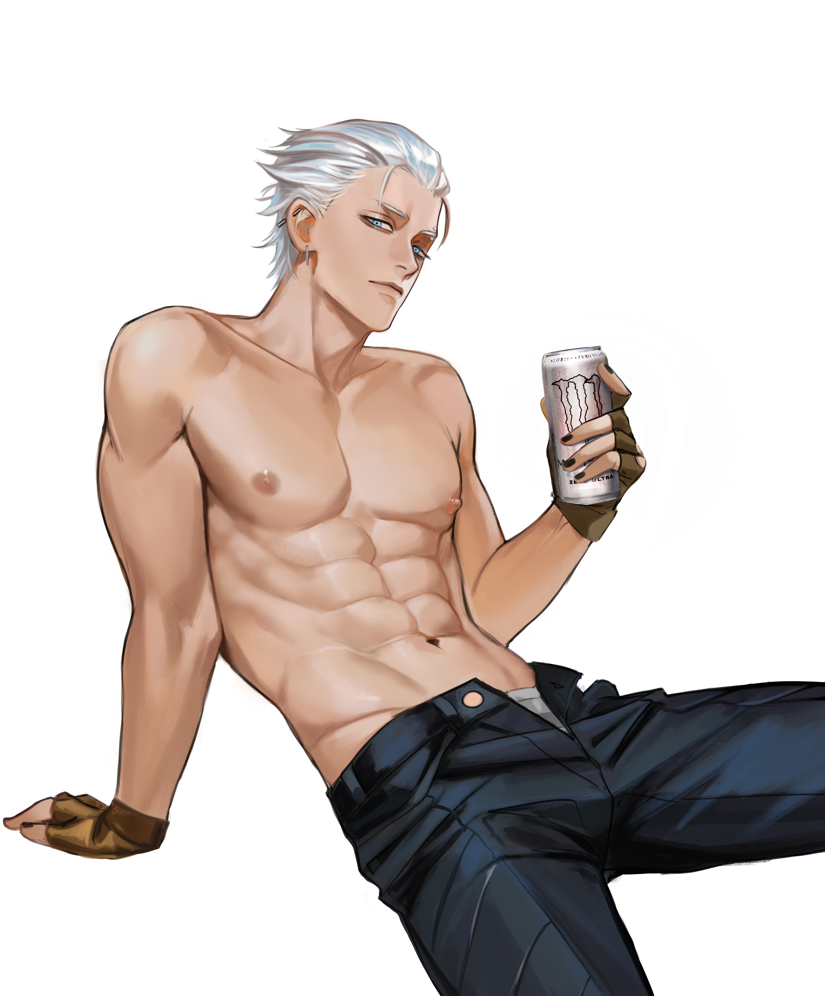 henoopd, vergil (devil may cry), devil may cry, devil may cry (series), devil may cry 3, monster energy, absurdres, commentary, english commentary, highres, 1boy, abs, black choker, black nails, black pants, blue eyes, brown gloves, choker, closed mouth, cowboy shot, ear piercing, earrings, eyebrow piercing, face piercing, fingerless gloves, gloves, hand up, holding bun, invisible chair, jewelry, lips, looking at viewer, male focus, navel, nipples, nose, open fly, pants, pectorals, piercing, short hair, simple background, sitting, solo, toned, toned male, topless male, white background, white hair, white pants, zipper