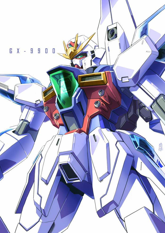 futoshi to, taedu, gundam x, after war gundam x, gundam, mecha, no humans, robot, signature, simple background, solo, x gundam