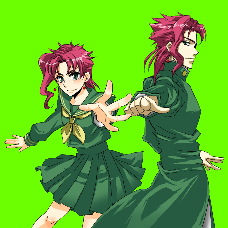yukito (139), kakyoin noriaki, jojo no kimyou na bouken, stardust crusaders, 1boy, 1girl, dual persona, earrings, gakuran, genderswap, genderswap (mtf), green background, green eyes, green skirt, jewelry, multiple persona, pleated skirt, red hair, sailor collar, school uniform, serafuku, short hair, simple background, skirt
