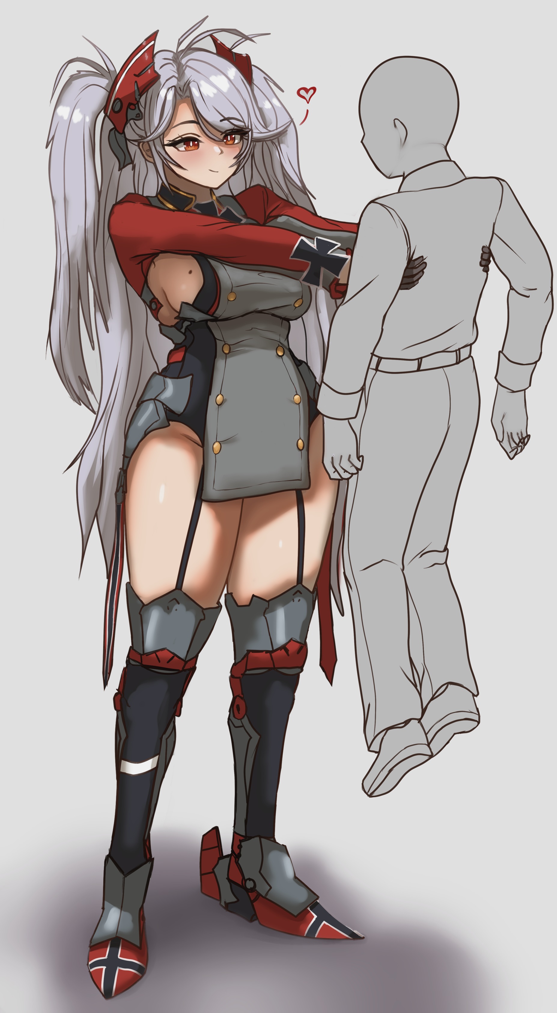 starving for more, commander (azur lane), prinz eugen (azur lane), azur lane, absurdres, commentary, english commentary, highres, 1boy, 1girl, blush, breasts, cross, grey hair, heart, holding, iron blood (emblem), iron cross, large breasts, long hair, long sleeves, looking at another, mole, mole on breast, orange eyes, pelvic curtain, sideboob, size difference, smile, tall female, thick thighs, thighhighs, thighs, wide hips