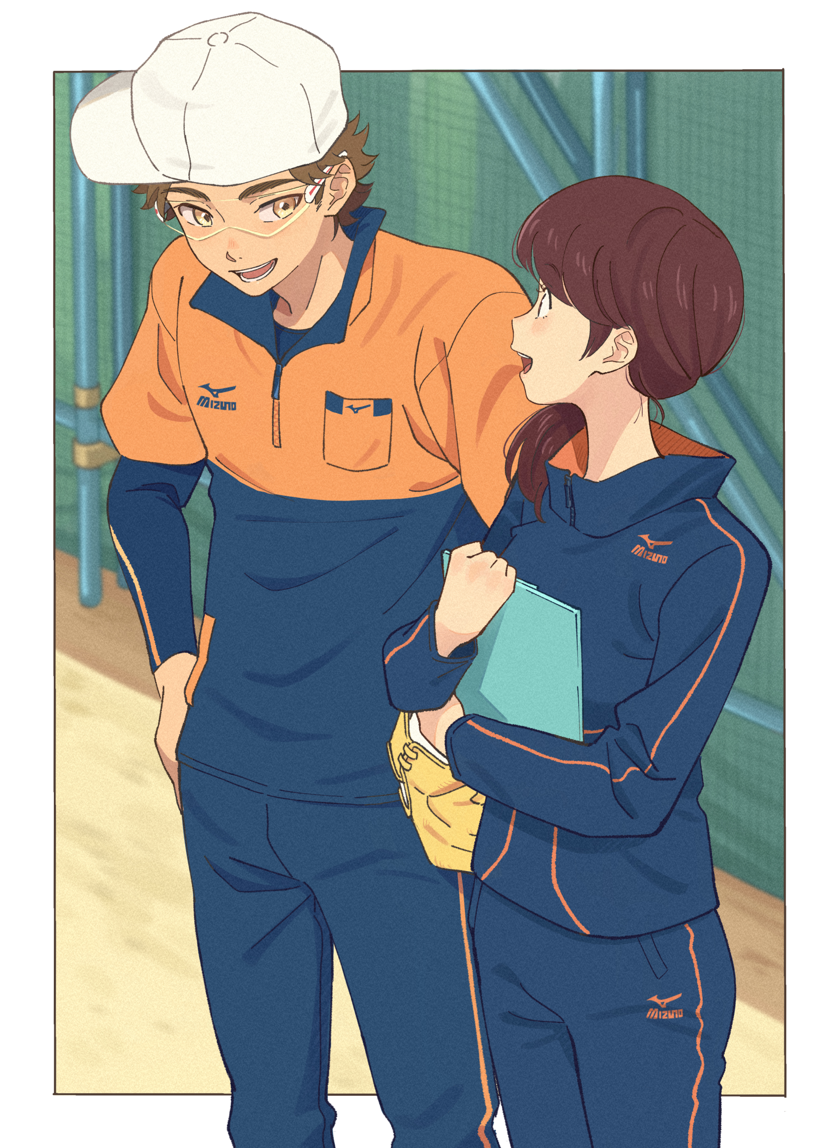 dangomochi2, miyuki kazuya, yoshikawa haruno, ace of diamond, commentary request, highres, 1boy, 1girl, baseball glove, brown eyes, brown hair, clipboard, day, eye contact, hand on own hip, hat, looking at another, medium hair, outdoors, sideways hat, standing, white hat, yellow eyes