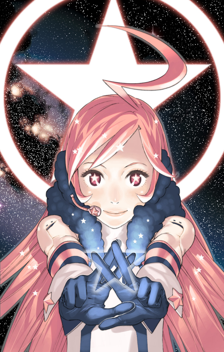 kozaki yuusuke, sf-a2 miki, vocaloid, striped, + +, 1girl, ahoge, antenna hair, female focus, gloves, headset, long hair, pink eyes, pink hair, smile, solo, star (symbol)