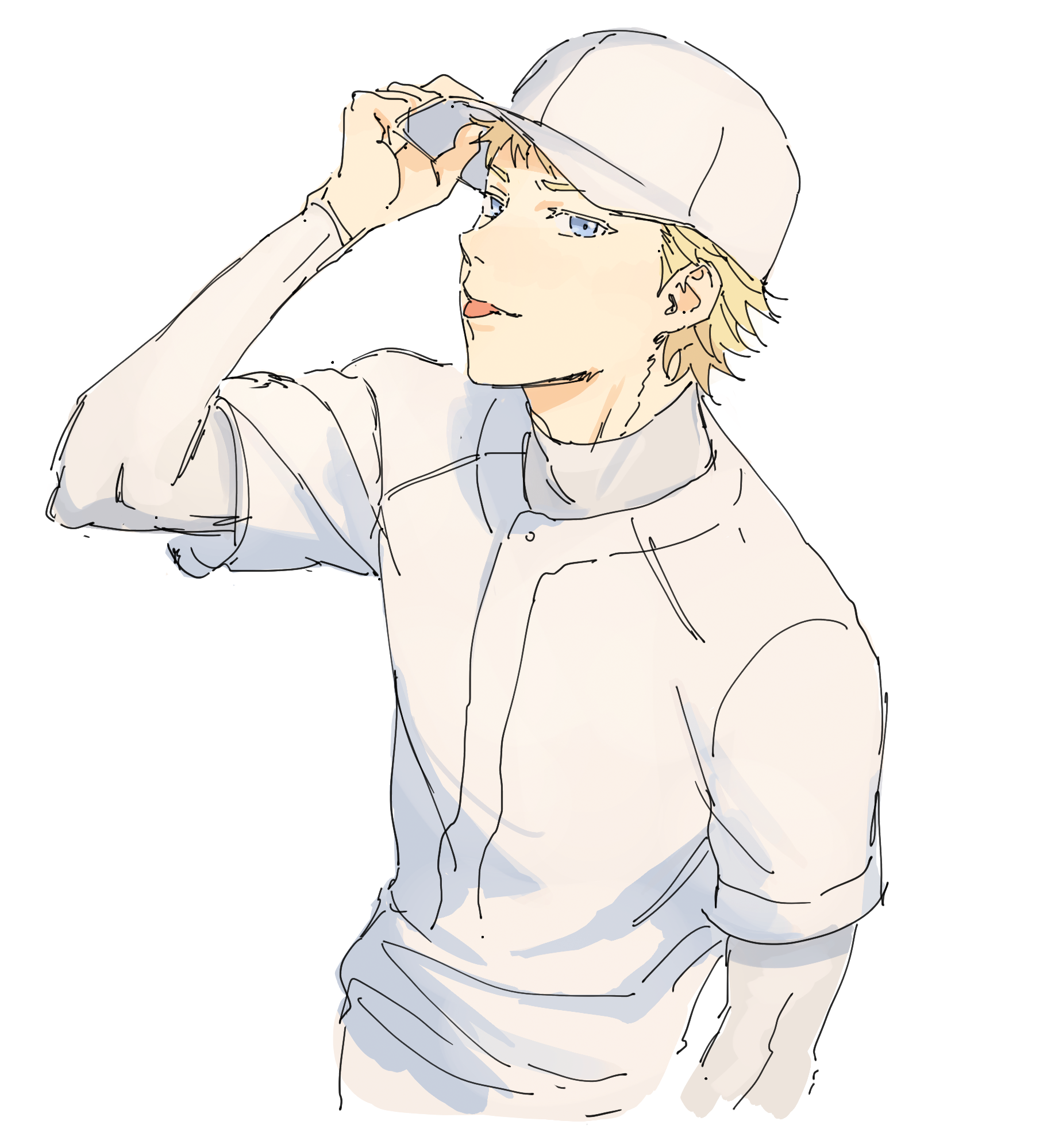 2vxzlkj23ogfsf, narumiya mei, ace of diamond, commentary request, highres, korean commentary, 1boy, adjusting clothes, adjusting headwear, baseball cap, blue eyes, brown hair, cropped torso, hat, long sleeves, looking at viewer, male focus, short hair, solo, tongue, tongue out, white hat