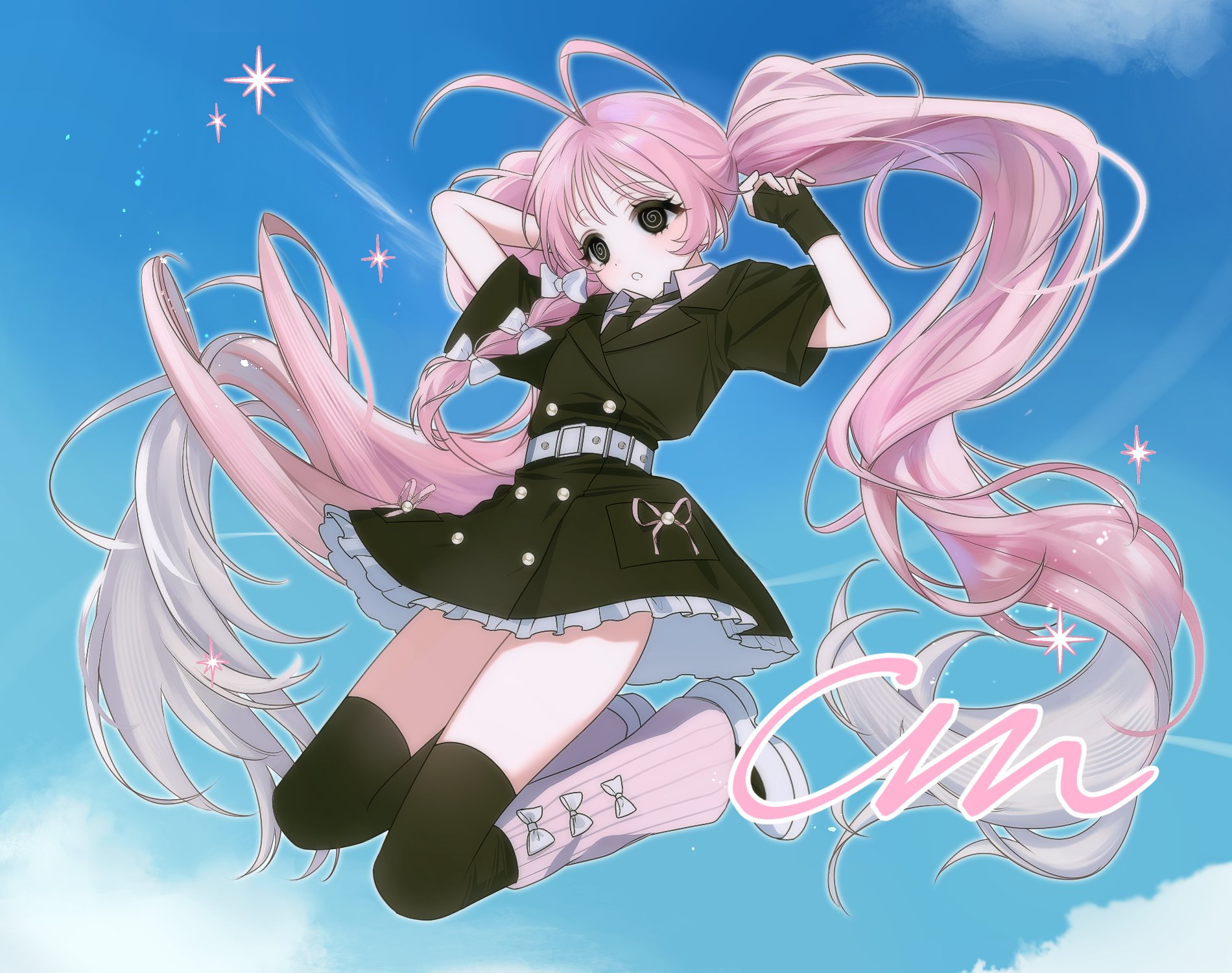 original, commission, highres, 1girl, @ @, antenna hair, belt, black dress, black eyes, black hair, black necktie, black thighhighs, buttons, cloud, coat dress, collared shirt, double-breasted, dress, eyelashes, frilled dress, frills, full body, jumping, leg warmers, long hair, necktie, outline, pink hair, pink leg warmers, ribbed leg warmers, shirt, shoes, short sleeves, so seo, solo, tareme, thighhighs, twintails, very long hair, watermark, white belt, white outline, white shirt, white shoes, wispy bangs