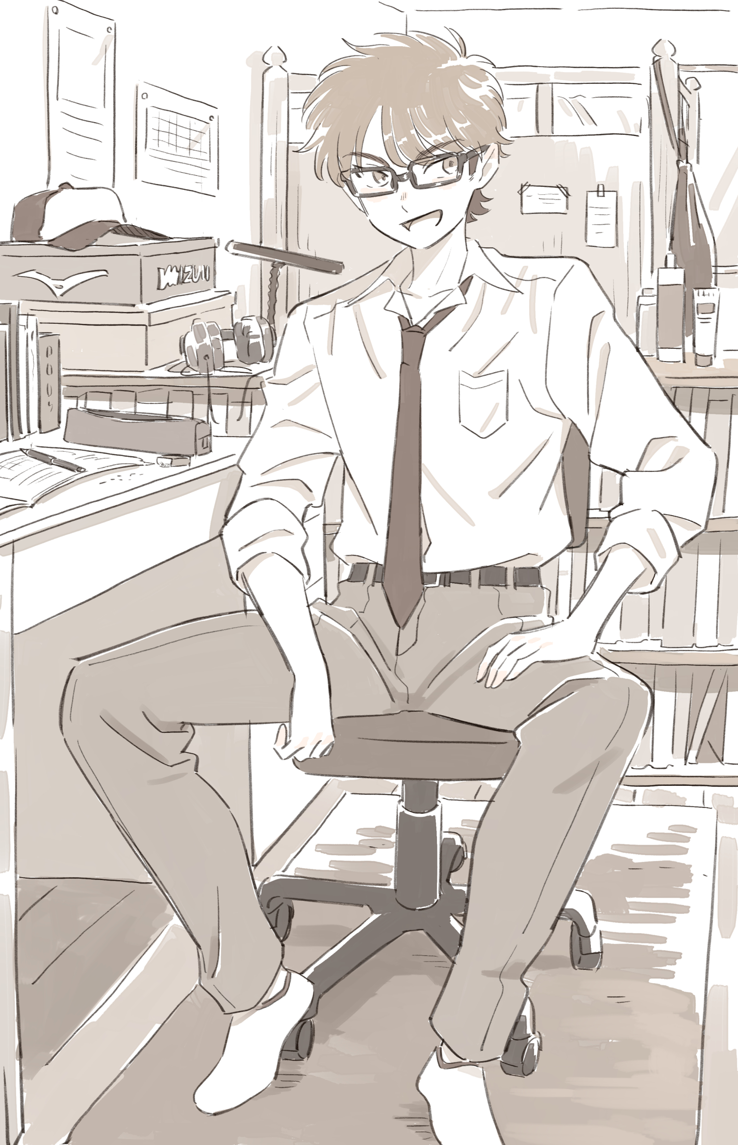 dangomochi2, miyuki kazuya, ace of diamond, commentary request, highres, 1boy, book, bookshelf, chair, desk, glasses, hat, indoors, necktie, open book, pencil, school uniform, short hair, sitting, socks, solo, spread legs, swivel chair, unworn hat, unworn headwear