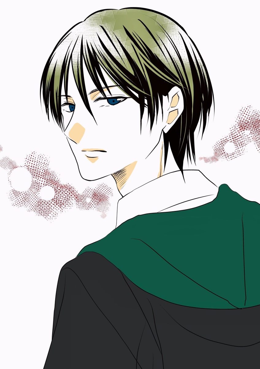 pixiv id 3606460, regulus black, harry potter (series), wizarding world, highres, 1boy, black hair, blue eyes, closed mouth, hood, looking at viewer, male focus, short hair, solo, upper body