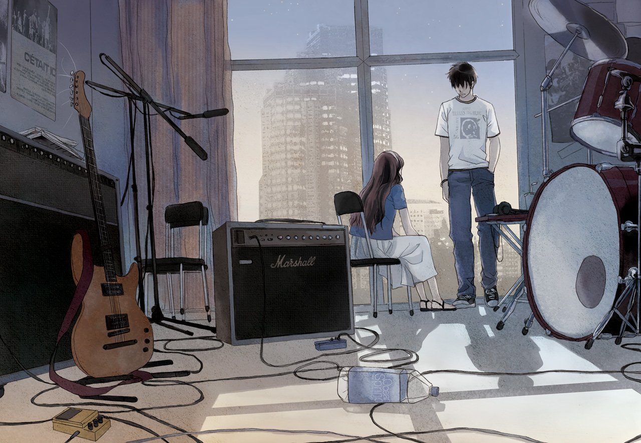 selina, marshall, original, 1boy, 1girl, amplifier, black hair, bottle, brown hair, building, cable, chair, cityscape, drum, drum set, effects pedal, electric guitar, guitar, hair over eyes, instrument, long hair, poster (object), room, shadow, short hair, sitting, skirt, sky, standing, star (symbol), water bottle, window